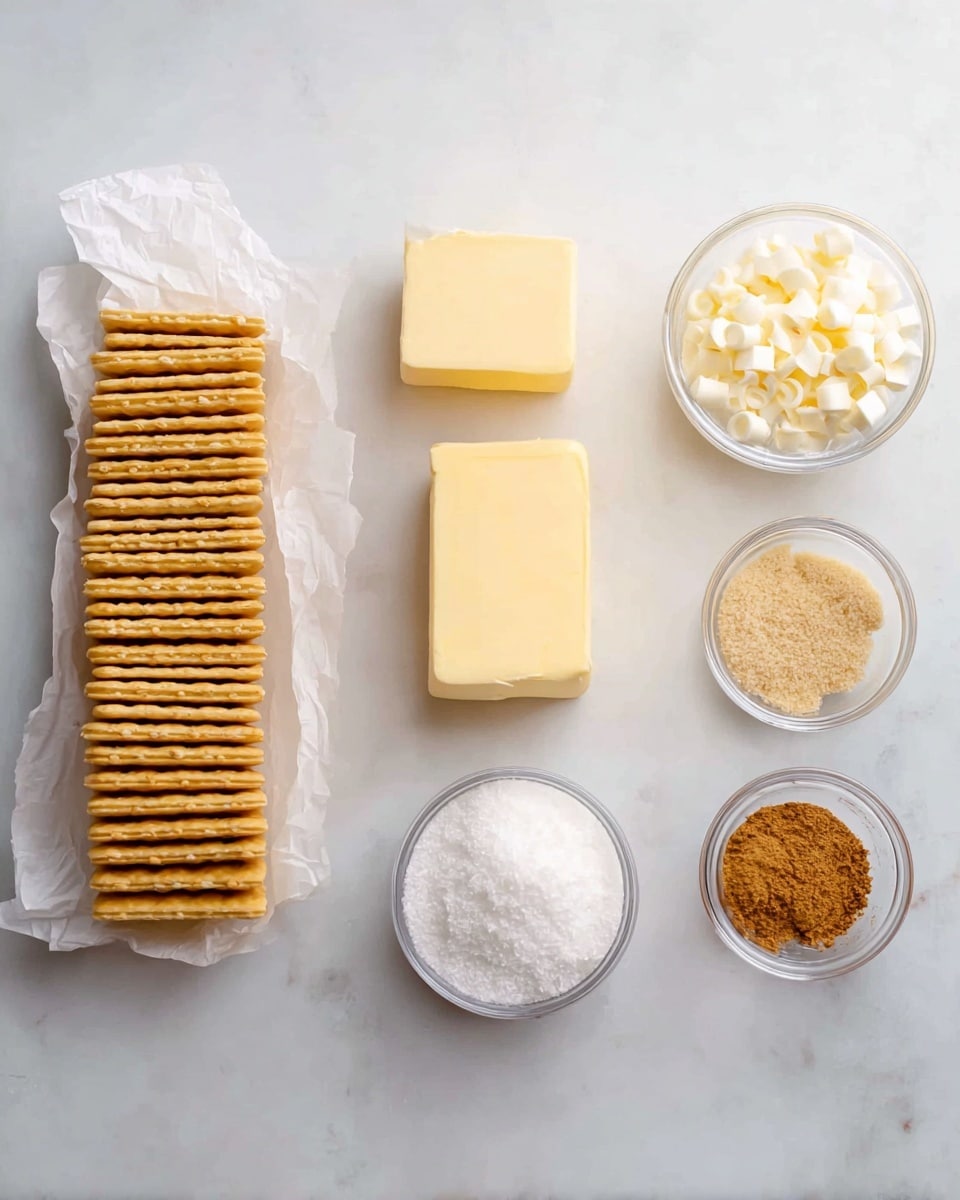 The image shows six ingredients neatly arranged on a white marbled surface. On the left side, there is a long stack of rectangular, pale yellow crackers in a white paper wrapper, placed vertically. In the center are two rectangular blocks of light yellow butter, lying flat side by side. To the right, there are four small clear glass bowls: one filled with white granulated sugar, one with small white chips scattered loosely, one with light brown granulated sugar, and one smaller bowl containing a small mound of cinnamon powder. The setup is simple, clean, and spaced evenly. photo taken with an iphone --ar 4:5 --v 7