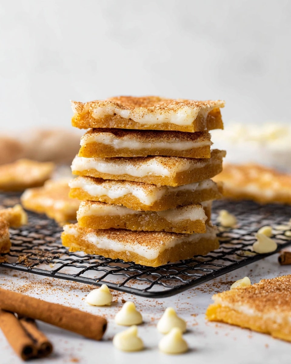 A stack of six square pieces of a cinnamon and sugar-covered dessert sits on a black cooling rack. Each piece has two layers: a golden brown, crunchy-looking base and a smooth, creamy white layer on top. The surface of the dessert glistens with a dusting of cinnamon sugar. Around the stack, there are scattered white chocolate chips, two cinnamon sticks in the front left, and more pieces of the dessert spread out on a white marbled surface. The background is soft white and bright, with the stack as the main focus. Photo taken with an iphone --ar 4:5 --v 7
