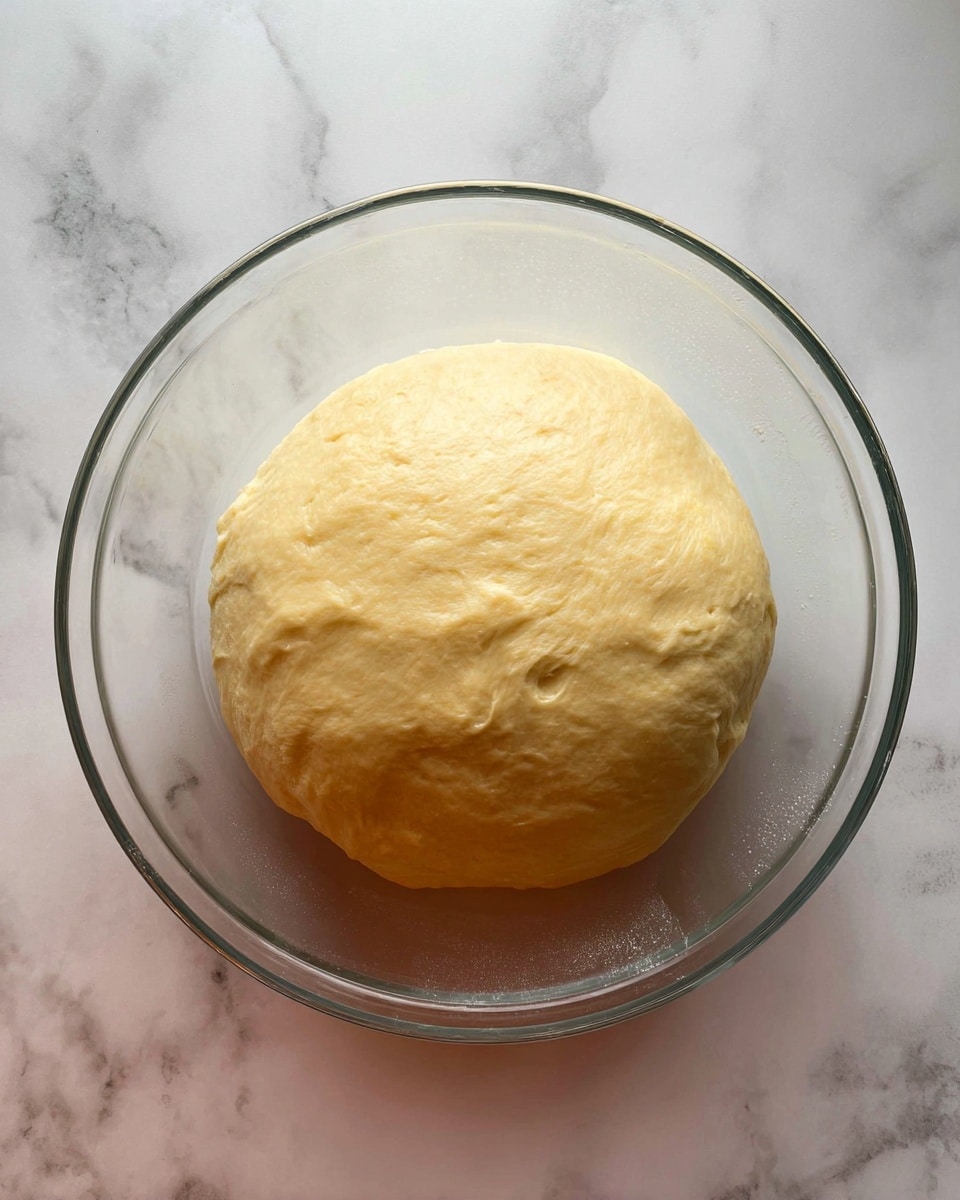 The image shows a round, smooth ball of dough sitting in a clear glass bowl. The dough is pale yellow with a slightly shiny surface and a soft, even texture. The bowl rests on a white marbled surface, and the dough fills most of the bowl's bottom area, looking risen and ready for the next step. photo taken with an iphone --ar 4:5 --v 7