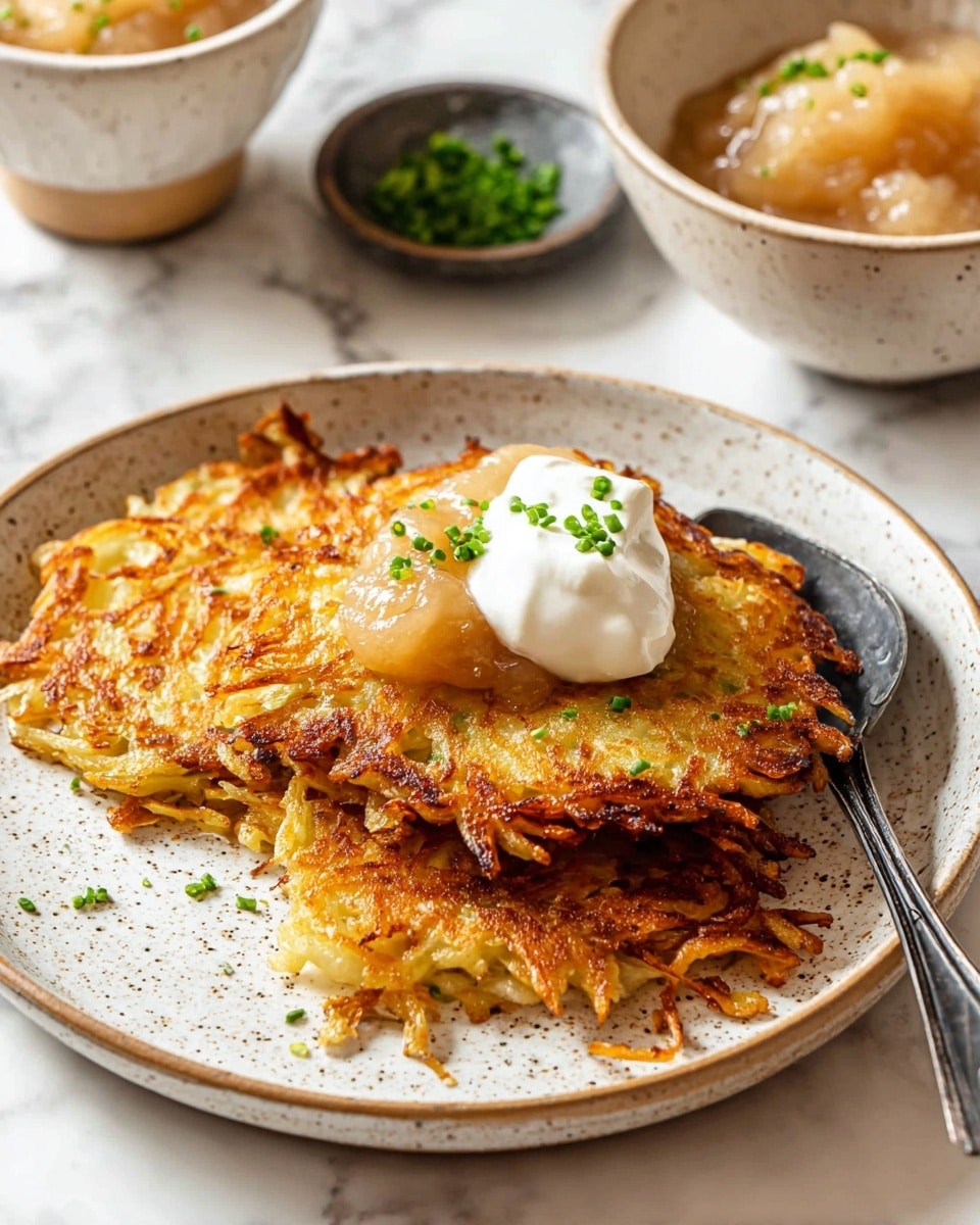A white speckled plate holds two golden brown potato pancakes stacked slightly uneven with crispy edges and a rough, shredded texture. On top, there are two dollops—one of smooth white sour cream and another of light beige applesauce, both sprinkled with small green chives. A dark spoon rests to the right of the pancakes on the plate. In the background, a white speckled bowl with more applesauce and a small dark dish with chopped chives sit on a white marbled surface. Photo taken with an iphone --ar 4:5 --v 7
