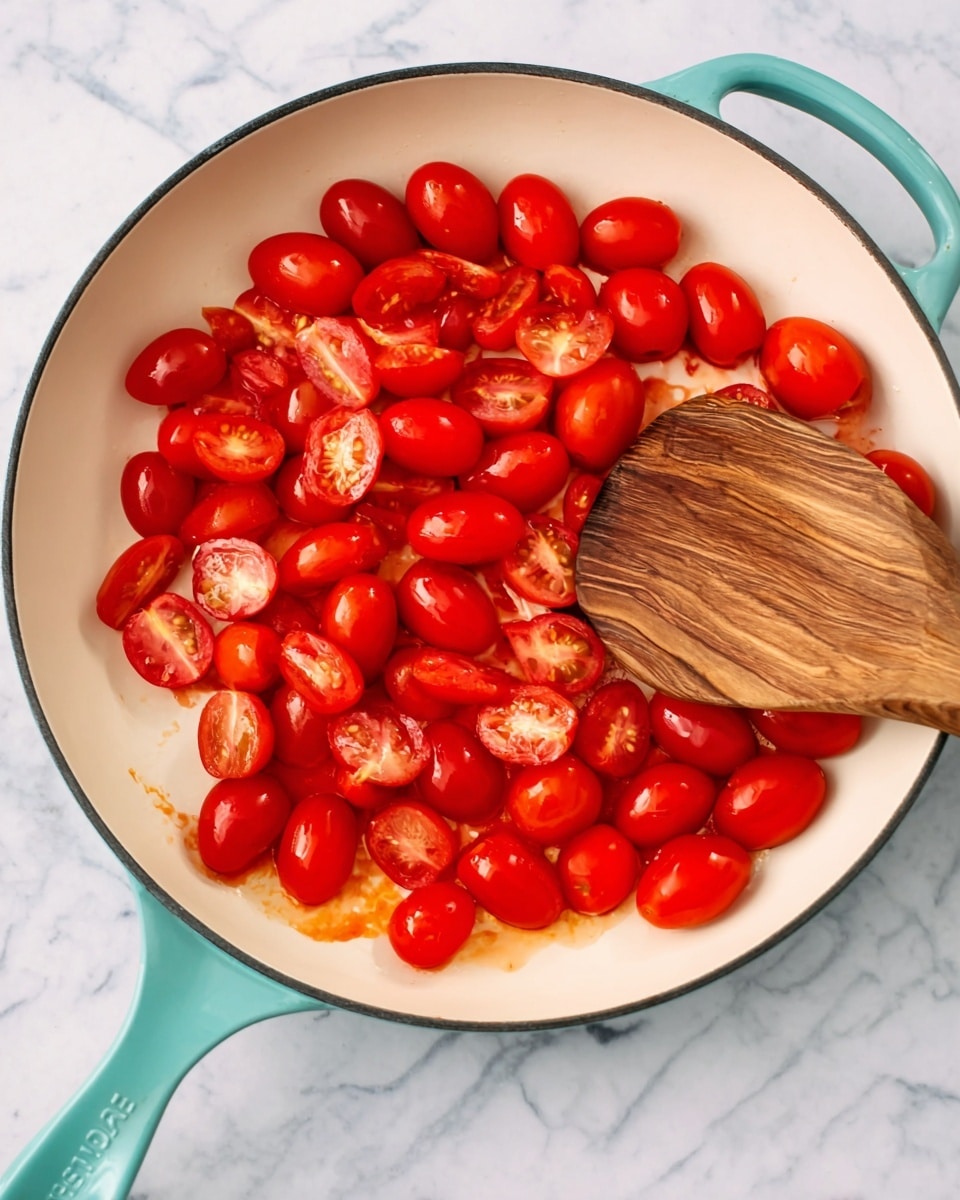 A white pan with a teal handle sits on a white marbled surface, filled with many red grape tomatoes, some whole and some sliced in half, showing their juicy insides. At the right side of the pan, a wooden spatula with natural wood grain is placed under some tomatoes, seeming to stir them gently. The bright red tomatoes contrast with the light interior of the pan, and the textures of the smooth tomato skin and the soft tomato flesh are clear. Photo taken with an iphone --ar 4:5 --v 7