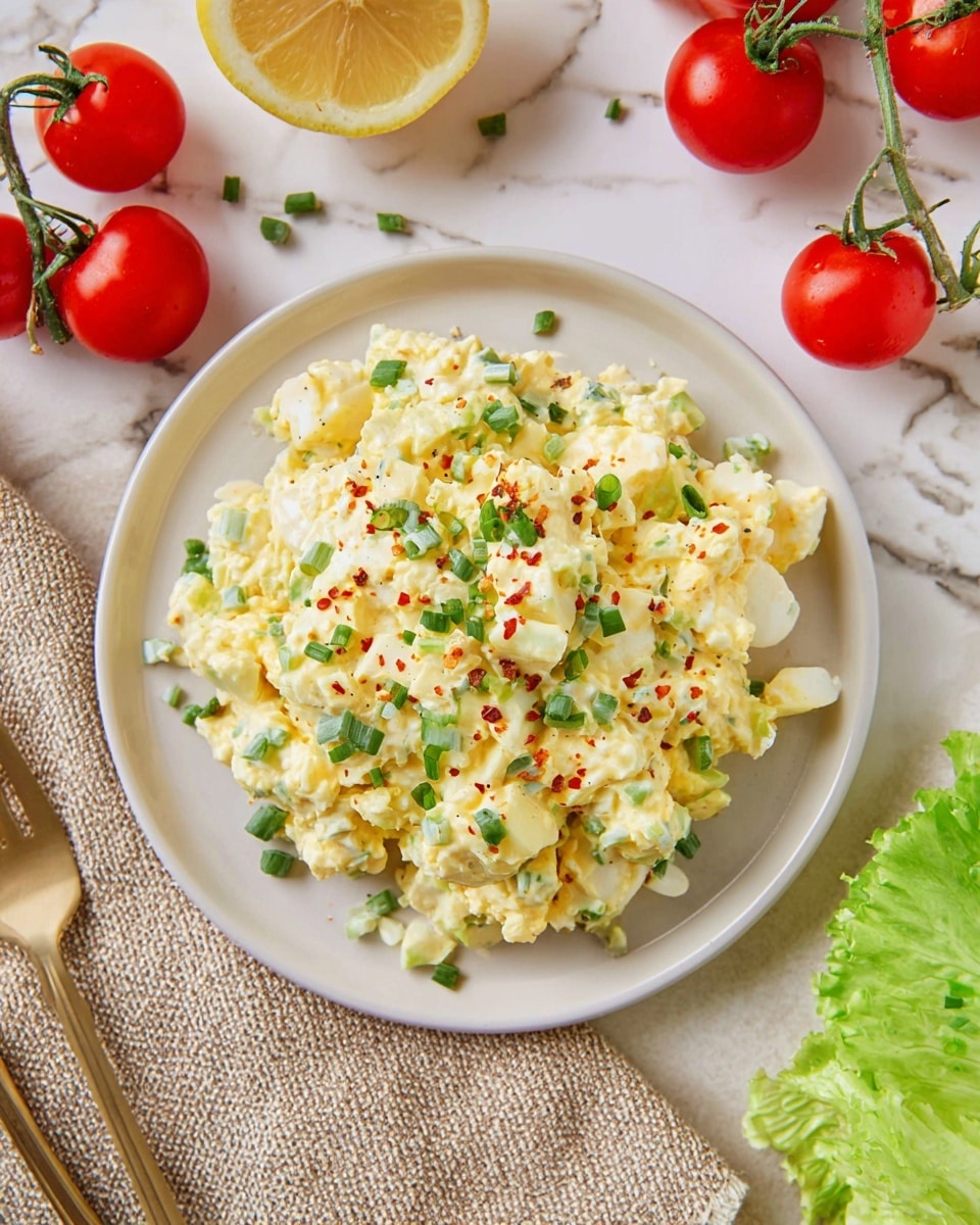A mound of creamy egg salad sits in the center of a white plate, showing a mix of pale yellow eggs, white egg whites, and green chopped celery. The texture looks soft and slightly chunky, with small pieces of chopped chives sprinkled on top for a fresh green contrast. Red chili flakes are scattered over the salad, adding a touch of red color. Around the plate are fresh-looking cherry tomatoes attached to their green stems in the top left, a half lemon showing its juicy interior above the plate, and a couple of green lettuce leaves near the bottom. The scene is set on a white marbled surface with a beige textured cloth nearby, creating a clean and fresh presentation. Photo taken with an iphone --ar 4:5 --v 7