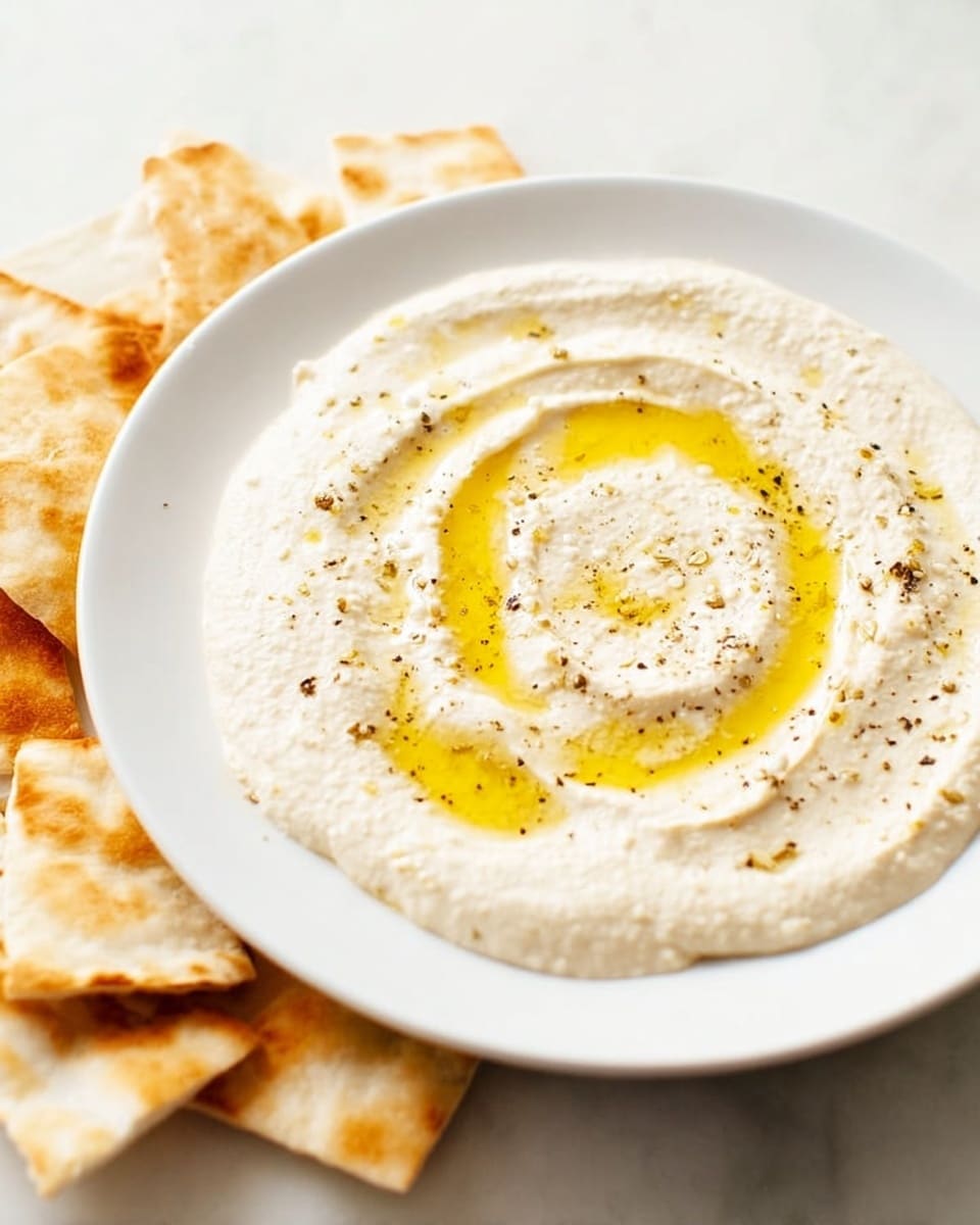A white plate filled with creamy white hummus spread evenly in one thick layer, topped with a swirl of golden olive oil and a sprinkle of black pepper. Around the plate are pieces of light tan pita bread with slight golden edges, resting on a white marbled surface that adds brightness to the scene. The smooth texture of the hummus contrasts with the soft but slightly toasted pita pieces. The photo taken with an iphone --ar 4:5 --v 7