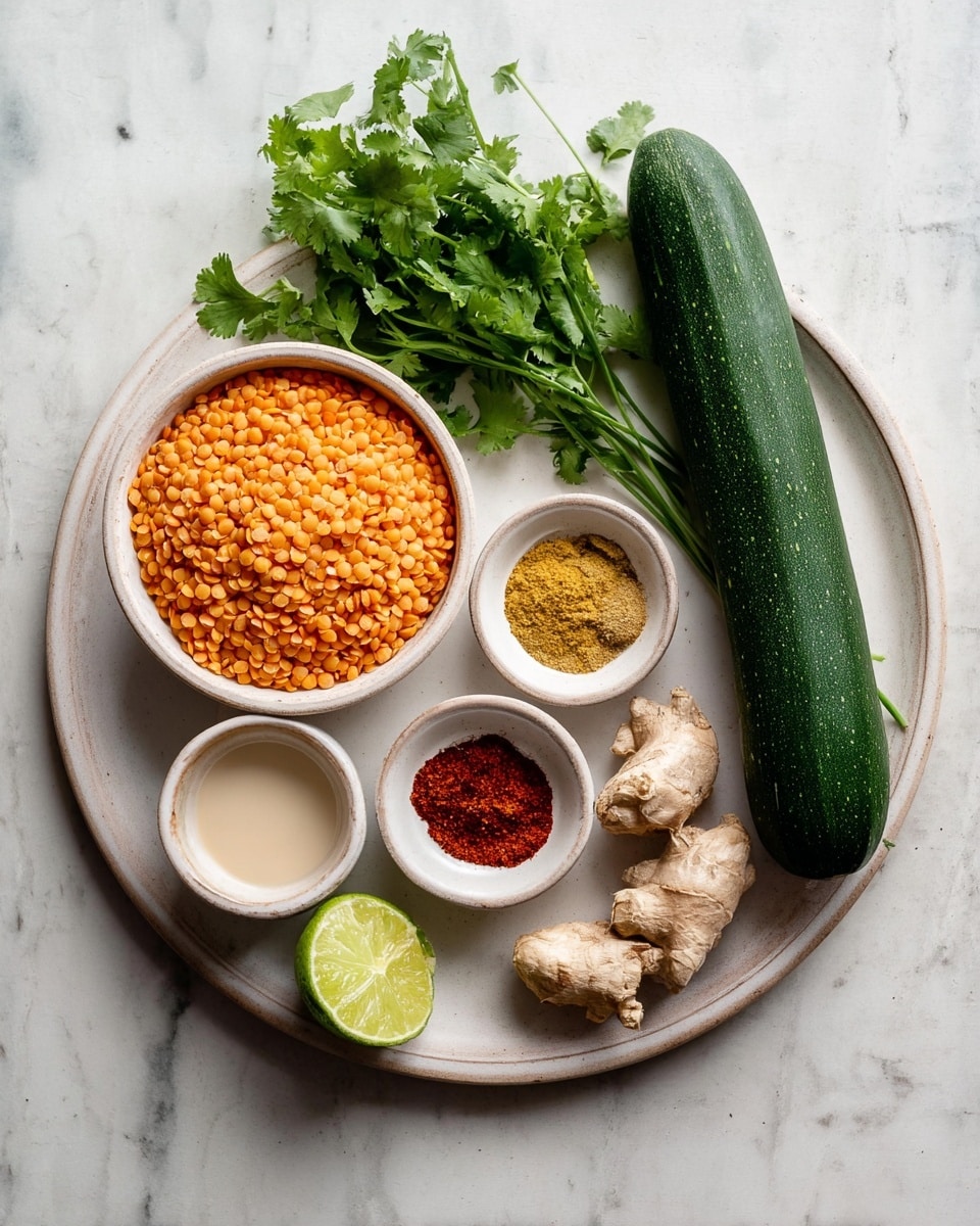 The image shows a white round plate with a small white bowl filled with orange split lentils on the left side. Next to it is a small white bowl containing four different ground spices in separate piles: brown, red, yellow, and greenish-brown. To the right of the spices, a long dark green zucchini lies horizontally on the plate. Above the lentils and spices is a bunch of fresh green cilantro with leafy stems spreading outward. Below the spices, there is a piece of light brown ginger root and a lime cut in half with its green inside facing up. On the plate’s bottom left side, a tiny bowl with a creamy light beige sauce sits with a smooth texture. The whole setup is on a white marbled surface. photo taken with an iphone --ar 4:5 --v 7