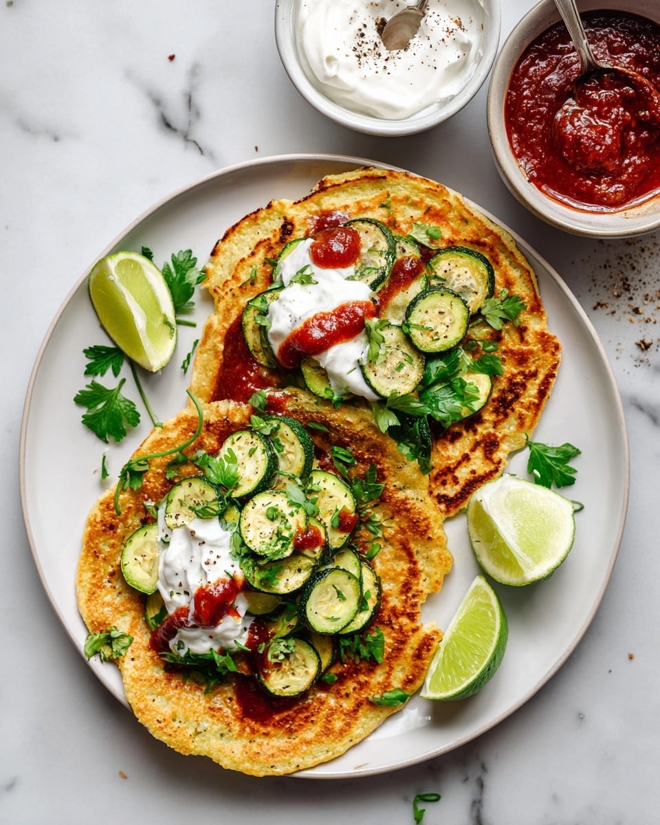 Two golden-brown pancakes with a spongy texture are placed on a white plate set on a white marbled surface. Each pancake is topped with cooked green zucchini slices arranged in a scattered pile, with dollops of white cream and small spoonfuls of red sauce spread over them. Fresh green parsley leaves are sprinkled on top of the pancakes and around the plate. Next to the pancakes, there are two lime wedges resting on the plate. To the right of the plate, there is a small white bowl filled with red sauce and a spoon inside. Above the plate, a small white bowl with white cream and cracked pepper sprinkled on top is visible. Photo taken with an iphone --ar 4:5 --v 7