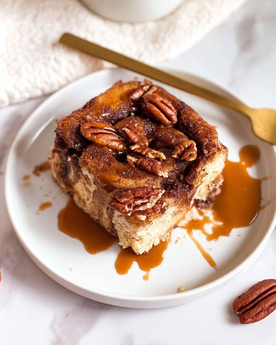 A square piece of cinnamon roll is placed in the center of a white plate, showing three visible layers: a soft, light tan dough base, a dark brown cinnamon swirl layer, and a top layer sprinkled with whole pecans. The cinnamon roll is drizzled with a shiny caramel sauce that glistens over the pecans and cinnamon topping. The plate sits on a white marbled surface, with a gold fork placed nearby on the right side. A few pecans rest beside the plate. photo taken with an iphone --ar 4:5 --v 7