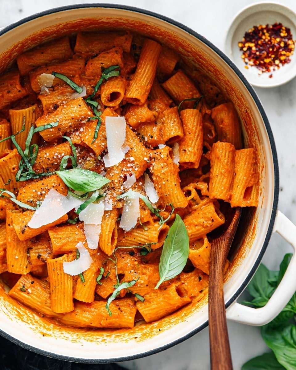 The image shows a close-up of rigatoni pasta covered in a thick, rich orange-red sauce inside a white pot with a black rim. The pasta pieces are large and tubular, layered evenly throughout the pot. On top, there are scattered thin, white shavings of cheese and fresh, thinly sliced green basil leaves. A few whole basil leaves add more color to the dish. A wooden spoon partially scoops some pasta from the right side of the pot. In the background, there is a small white dish with red chili flakes and a white marbled surface underneath. photo taken with an iphone --ar 4:5 --v 7