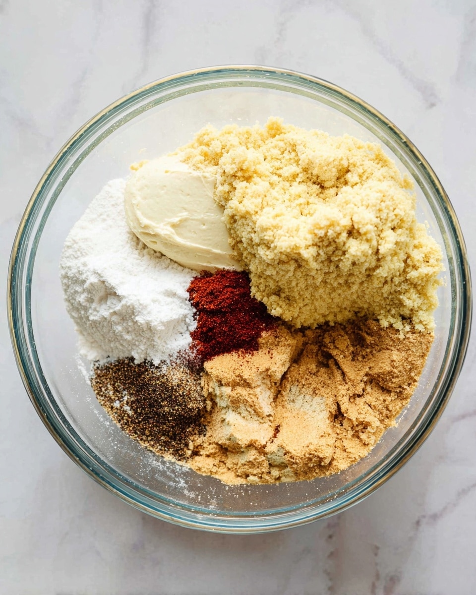A clear glass bowl on a white marbled surface holds a mix of dry and wet ingredients clearly separated. There is a large, pale yellow crumbly stack covering the top right half of the bowl. Below and left to it is a dense, creamy off-white dollop with a soft texture. Around the left edge is a loose pile of bright white powder. At the bottom center is a small heap of dark spices with a rough texture next to a bright red powder spot. The center has a tan-to-light brown flaky layer with varied texture, and the bowl’s bottom right is filled with a light tan sandy texture, completing a visually layered arrangement. photo taken with an iphone --ar 4:5 --v 7