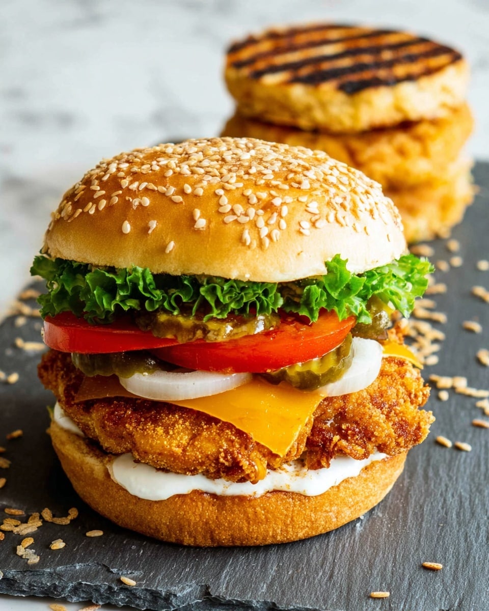 The image shows a close-up of a double-layer chicken sandwich on a white sesame seed bun. The bottom layer has a golden brown, crispy fried chicken patty resting on the bottom bun. The middle layer has a slice of bright orange melted cheese, with another crispy chicken patty on top. Above this is a layer of dark green pickles, thick white onion rings, two red tomato slices, and fresh curly green lettuce. A dollop of white mayonnaise tops the lettuce, and the sandwich is finished with the top sesame seed bun. Next to the sandwich is the top half of the bun, toasted with dark grill marks. The entire scene is set on a white marbled textured surface with scattered sesame seeds. photo taken with an iphone --ar 4:5 --v 7