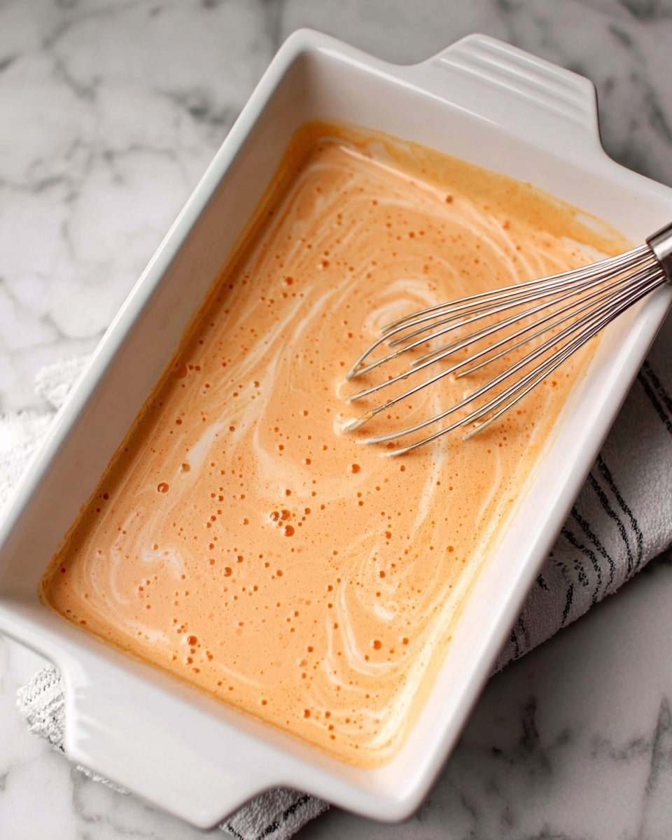 A white rectangular ceramic dish filled with a creamy sauce that is light orange with swirls of a slightly darker orange, showing small bubbles on the surface. A metal whisk lies on the right side inside the dish, partially covered by the sauce. The dish sits on a white marbled textured surface. photo taken with an iphone --ar 4:5 --v 7
