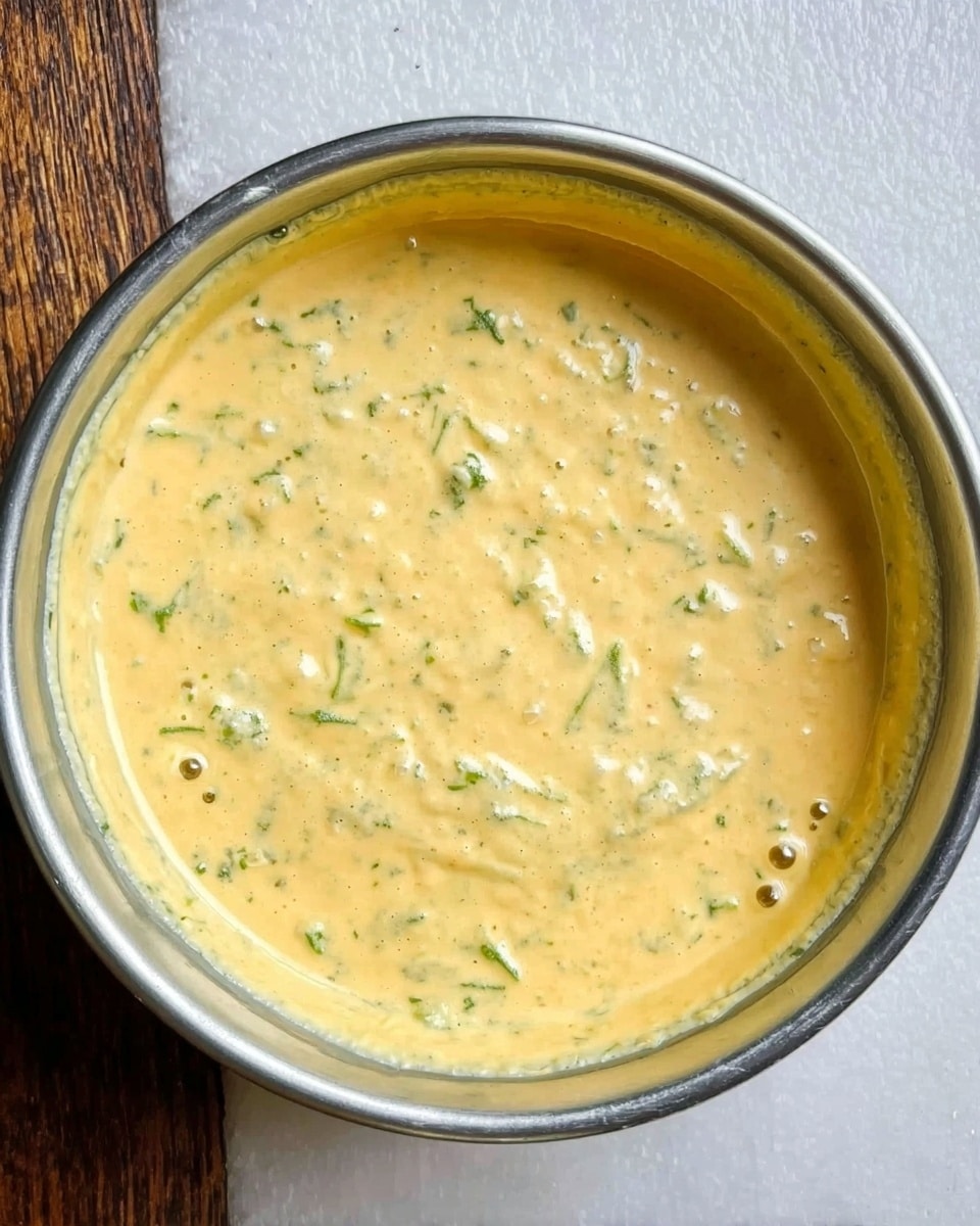 A close-up top view of a small round metal bowl filled with a thick, creamy sauce of pale yellow color with small green herb pieces scattered throughout. The sauce has a slightly lumpy texture with visible air bubbles and a smooth surface. The bowl is placed on a white marbled surface with a wooden texture edge visible on one side. Photo taken with an iphone --ar 4:5 --v 7