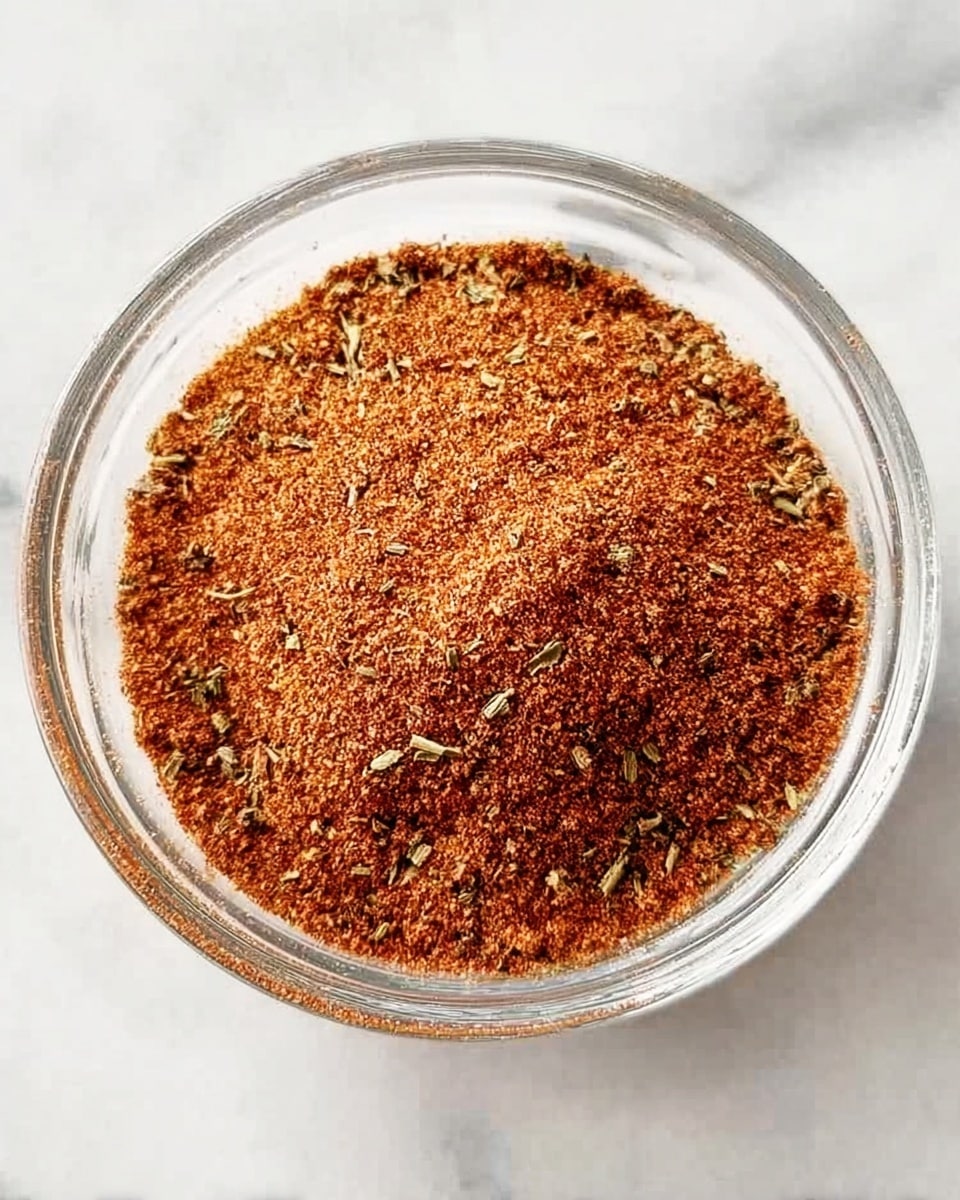 A clear glass bowl filled with a reddish-brown spice mix made up of fine powder and small dried herb pieces, mostly evenly spread inside the bowl, resting on a white marbled surface. The texture shows a mix of fine grain and visible herb fragments scattered through the reddish base. The lighting highlights the grainy texture and subtle color differences within the spice blend, giving it a warm, earthy look. photo taken with an iphone --ar 4:5 --v 7
