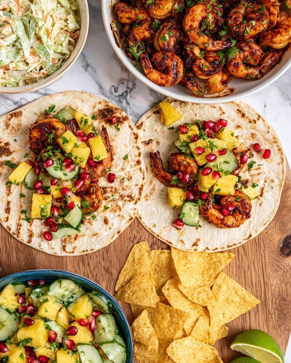 The image shows two soft tortillas on a white marbled surface, each filled with three reddish-brown grilled shrimp topped with brightly colored pineapple chunks, green chopped herbs, cucumber pieces, and red pomegranate seeds, creating a fresh and vibrant look. Around the tortillas, there are several light yellowish tortilla chips scattered. Above the tacos, there is a white bowl filled with more grilled shrimp garnished with green herbs and a lime wedge on the side. To the left side, there is a white bowl with a creamy light beige mixture, possibly coleslaw, and below it, a blue bowl with a green and yellow fruit and vegetable salad also topped with pomegranate seeds. The whole setup is on a wooden surface, but the background has been shifted to a white marbled texture. A lime wedge is visible near the chips. photo taken with an iphone --ar 4:5 --v 7