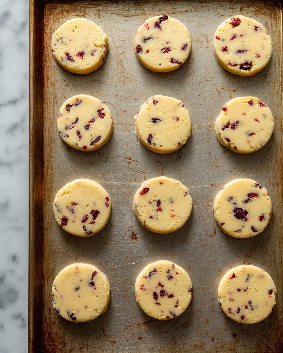 The image shows a baking sheet with fourteen raw cookie dough rounds evenly spaced. Each cookie is light yellow with small dark red pieces, likely dried fruit or berries, spread throughout the dough. The dough circles have a soft texture and slightly irregular edges. The baking sheet has a worn, scratched surface with some baked-on residue. The background is a white marbled texture. photo taken with an iphone --ar 4:5 --v 7