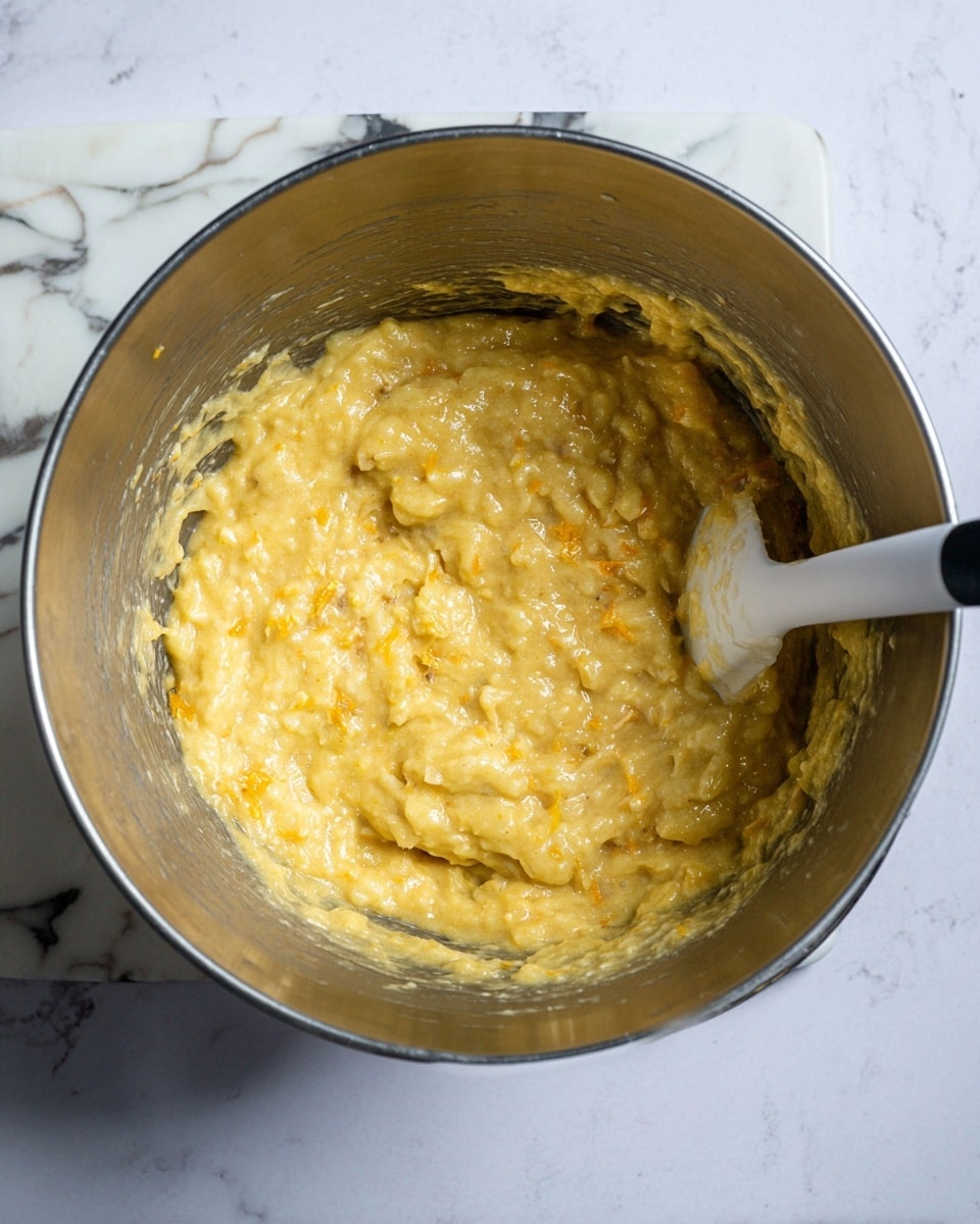 The image shows a large metal mixing bowl filled with a wet, chunky yellow batter that has small bits of orange zest visible throughout. The batter has a sticky texture with some slight lumps. Inside the bowl, on the right side, there is a white spatula with a black handle partially covered with the same batter. The bowl is placed on a white marbled surface, with a corner of a dark-edged white marbled cutting board visible in the upper left. Photo taken with an iphone --ar 4:5 --v 7