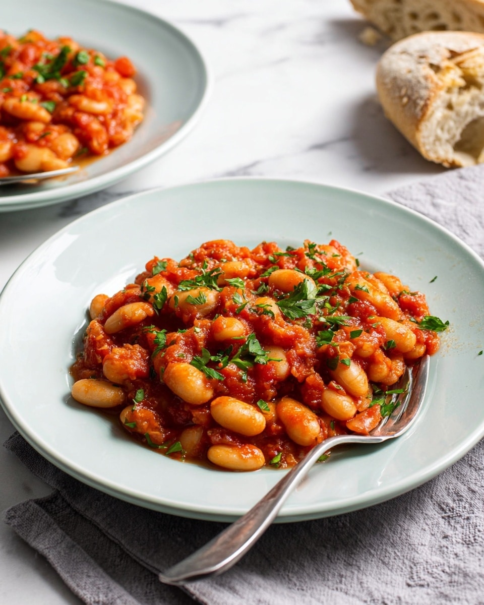A plate of cooked white beans mixed with a thick red tomato sauce with visible small pieces of onion and herbs, garnished with fresh chopped green parsley. The beans and sauce form one thick layer in the center of a smooth white plate with a pale blue border. A silver fork rests on the right side of the plate, partially on the beans. In the background on the right, a piece of torn bread with a rough crust lies on a gray cloth on a white marbled surface. Another plate with beans in sauce is out of focus in the top right area. Photo taken with an iphone --ar 4:5 --v 7