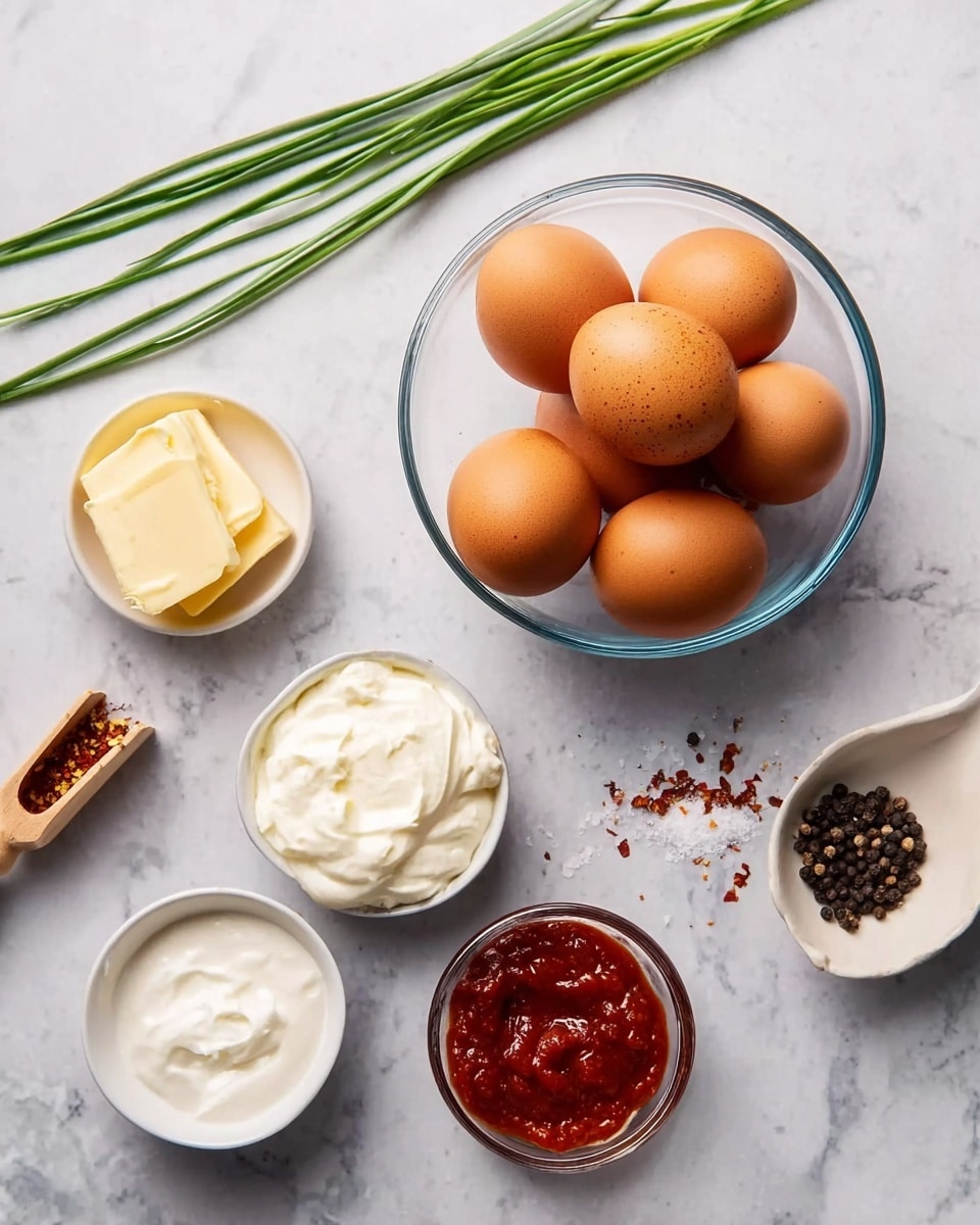 The image shows a clear glass bowl filled with eight brown eggs placed on a white marbled surface. Around the bowl, there are five small white bowls: one containing a pale yellow butter, one with thick white cream, one with red sauce, one with a few black peppercorns scattered beside it, one with coarse salt displayed in a small wooden scoop, and one with red chili flakes. A few green chives rest diagonally on the top left corner of the surface. The arrangement is neat and all items are set against the clean white marbled background. photo taken with an iphone --ar 4:5 --v 7