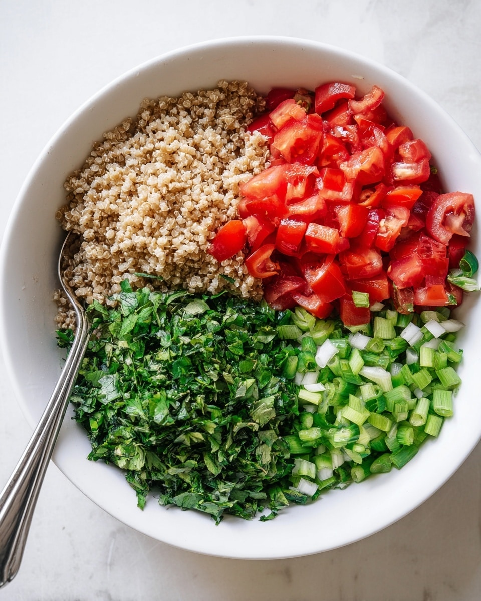 A white bowl sits on a white marbled surface filled with four separate layers of food, each covering about one quarter of the bowl. The top left layer is light brown cooked grains with a soft, fluffy texture. The top right layer consists of bright red diced tomatoes with a juicy, smooth look. The bottom right layer has chopped light green and white scallions with a crisp texture. The bottom left layer holds finely chopped dark green leafy herbs with a fresh, leafy texture. A silver spoon rests inside the bowl on the left side. Photo taken with an iphone --ar 4:5 --v 7
