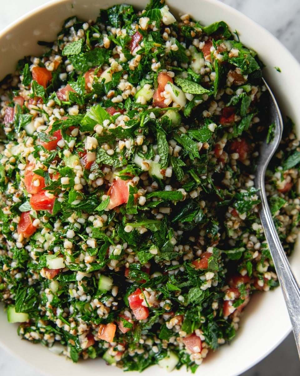 A close-up view of a mixed salad in a white bowl shows three main layers: small beige grains spread throughout, bright green chopped parsley and mint leaves mixed evenly, and scattered red tomato cubes adding a pop of color. The texture looks coarse with fresh green bits and soft grains combined. A silver fork is partially buried on the right side, resting on the edge of the bowl. The bowl sits on a white marbled surface. photo taken with an iphone --ar 4:5 --v 7