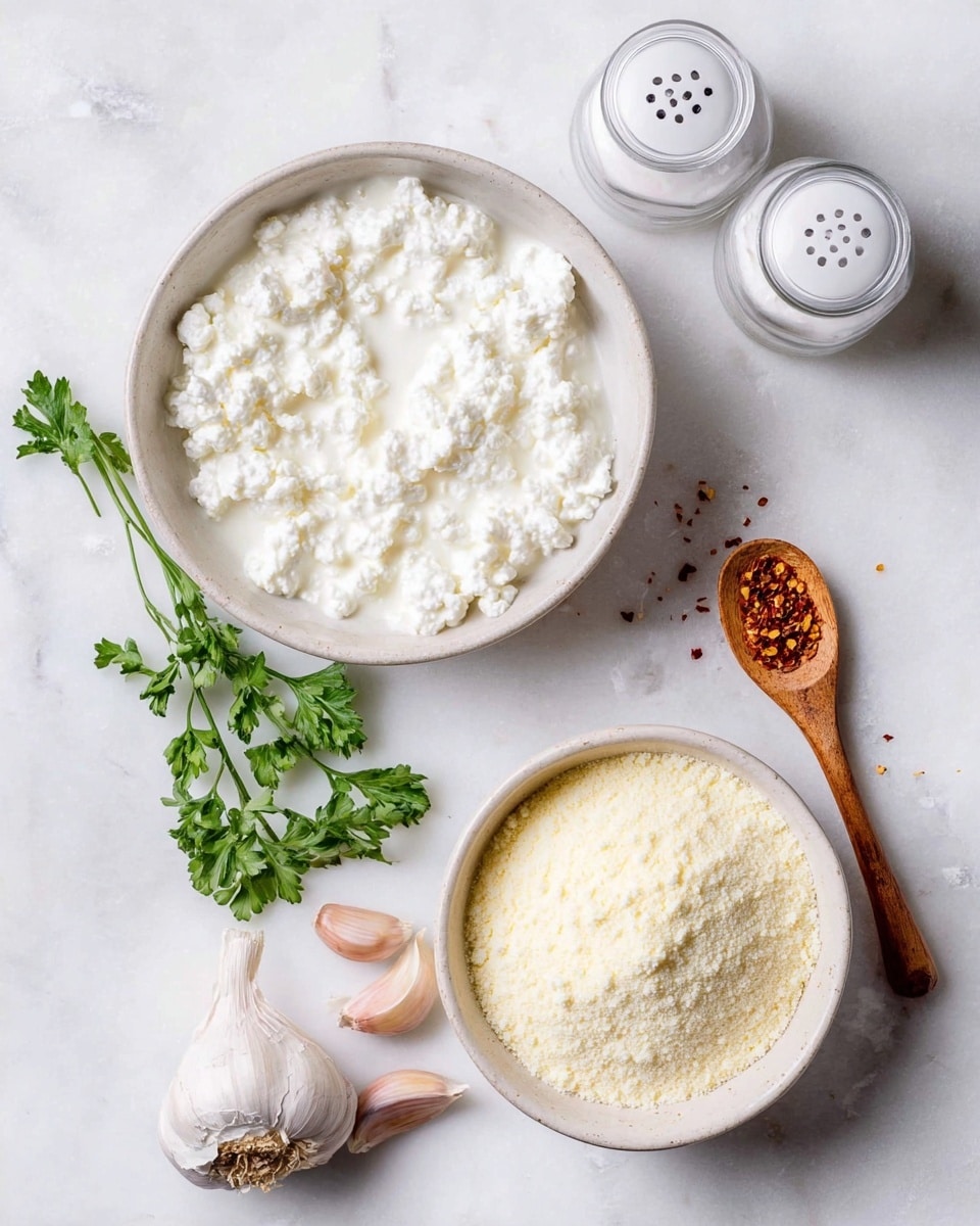 The image shows two white bowls placed on a white marbled surface. The top bowl is filled with white cottage cheese with visible soft curds, creating a lumpy texture. The bottom bowl contains a light yellow powder with a fine, grainy texture. Around the bowls, there is a whole garlic bulb and two garlic cloves, one peeled and one partially peeled. A wooden spoon holding some crushed red chili flakes is positioned on the right side. Two glass shakers with white tops are also present near the top bowl, and fresh green parsley is placed near the top left corner. Photo taken with an iphone --ar 4:5 --v 7