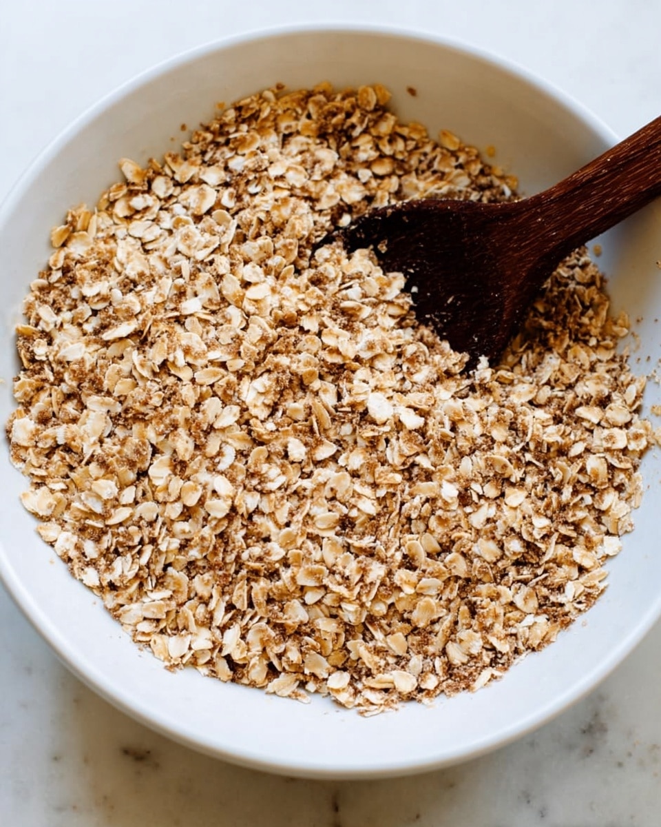 A close-up view of a white bowl filled with a single layer of light to medium brown oats with a dry, flaky texture, slightly unevenly spread inside the bowl. A dark wooden spoon is partially buried in the oats on the right side of the bowl, with some oat flakes sticking to its surface. The bowl is on a white marbled texture surface. photo taken with an iphone --ar 4:5 --v 7