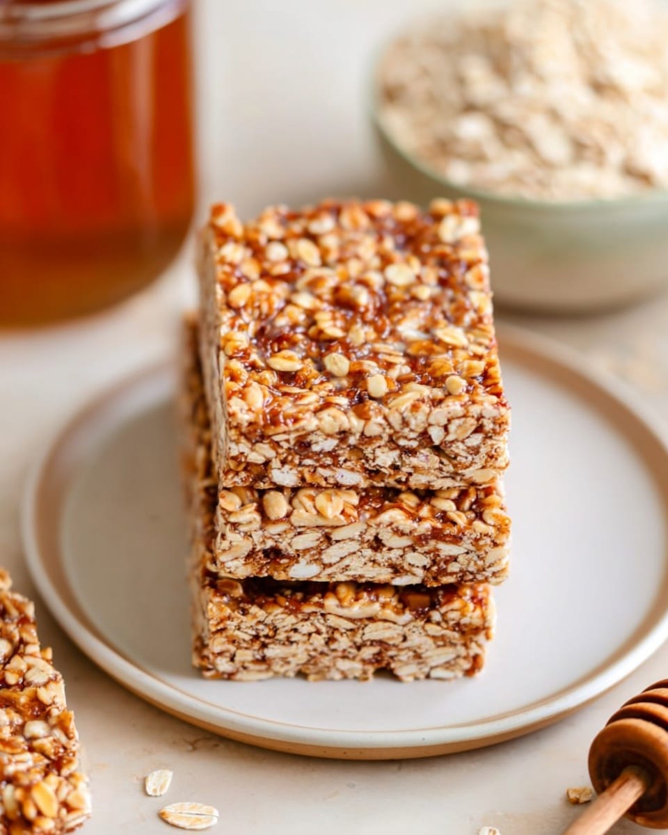 The image shows three rectangular granola bars stacked on a white plate with a smooth surface. The bars have a rough texture with visible oats and a light golden-brown color mixed with darker brown bits, suggesting a baked or caramelized layer binding the ingredients. The background includes a jar filled with honey on the left, a bowl filled with pale oats on the top right, and a honey dipper resting on a white marbled surface on the bottom right. The overall setting is bright and warm, with close-up focus on the granola bars. photo taken with an iphone --ar 4:5 --v 7