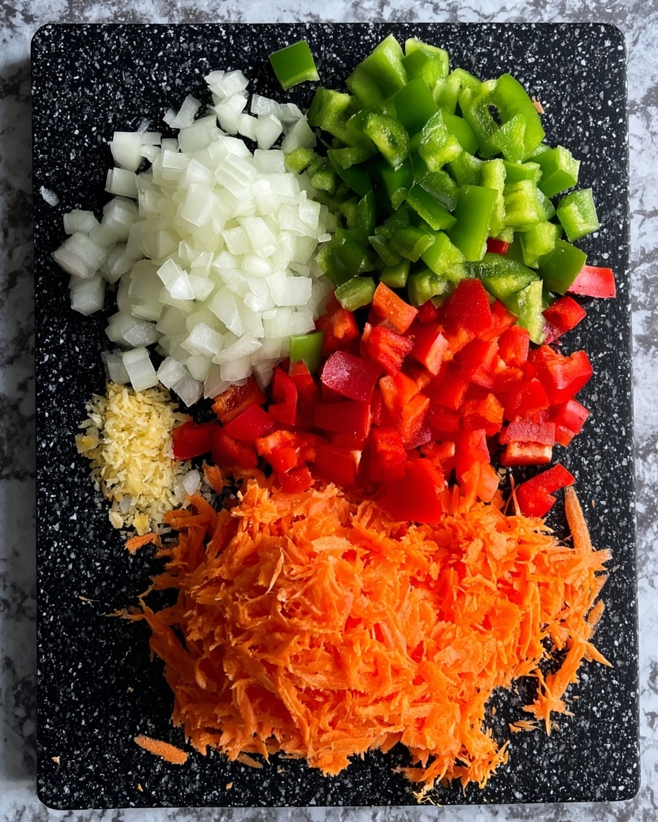 The image shows a black speckled cutting board with five groups of chopped vegetables neatly arranged. In the top left corner, there is a pile of white diced onions with a firm texture. Next to the onions on the right side are green bell peppers, cut into medium-sized pieces with shiny and smooth surfaces. Below the green peppers are red bell peppers, chopped similarly and vibrant in color. In the bottom right corner, there is a large mound of shredded orange carrots that look fresh and moist. To the left of the carrots, there are small piles of minced garlic and grated ginger, both finely prepared and light in color. The background is a white marbled texture. Photo taken with an iphone --ar 4:5 --v 7