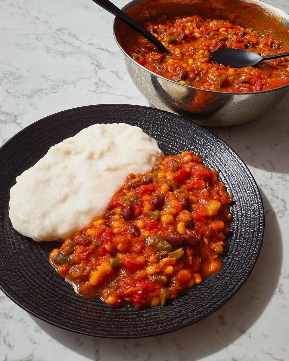 The image shows a black plate with two layers of food placed side by side: on the left, a smooth white creamy layer with a slightly glossy texture, and on the right, a chunky tomato-based stew with visible pieces of red and green bell peppers, beans, and other small vegetables in a thick red-orange sauce. Behind the plate, there is a large silver metal bowl containing more of the same stew with a black spoon resting inside, both placed on a white marbled surface. The stew's texture is rich and hearty, contrasting with the smoothness of the white layer. photo taken with an iphone --ar 4:5 --v 7