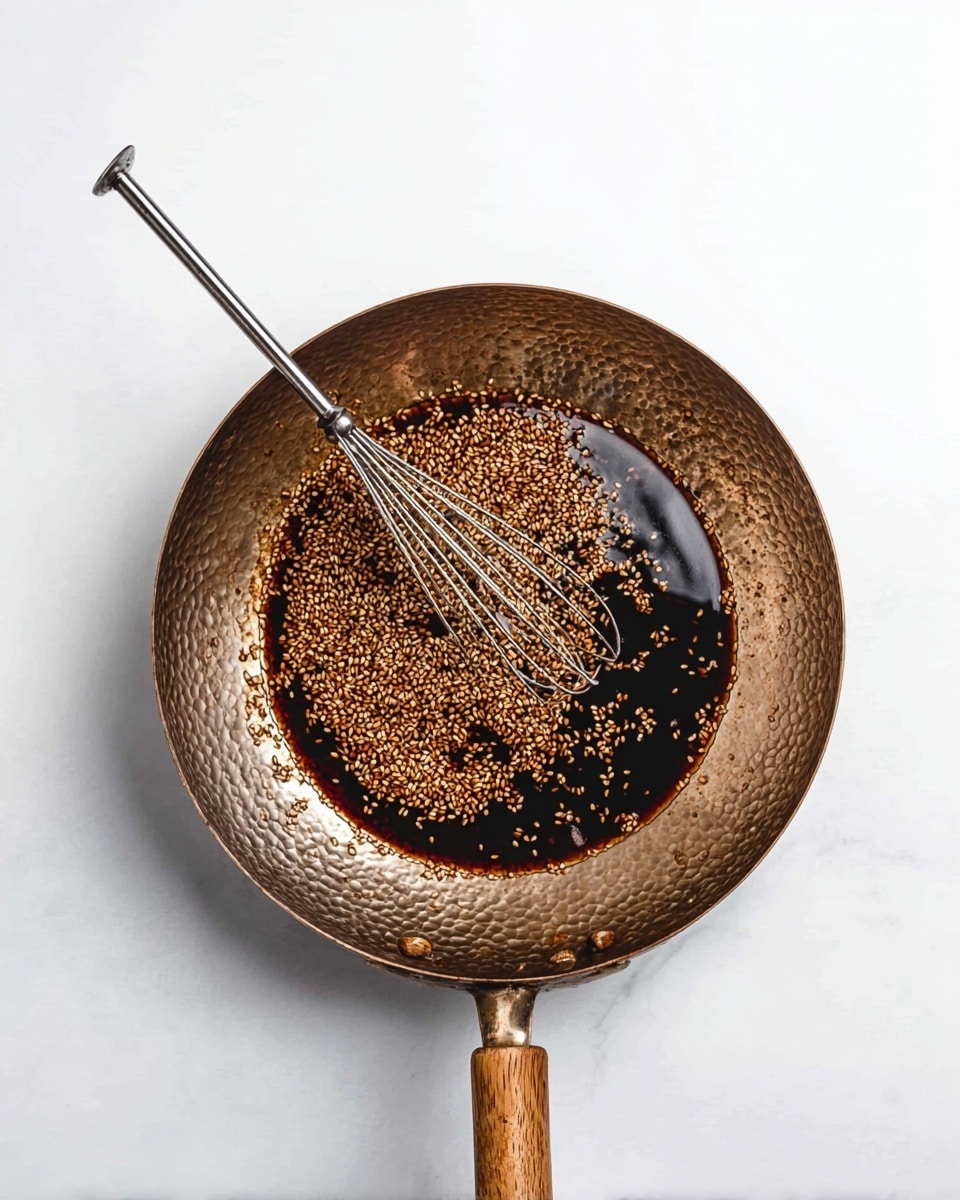 A round hammered metal pan with a wooden handle sits on a white marbled surface. Inside the pan is a dark brown liquid, almost covering the bottom. Floating on top of the liquid are many small, light brown seeds, spread evenly. A thin metal whisk with a spring-like handle rests diagonally across the pan, partially submerged in the liquid. The image shows a top-down view of the pan and its contents. photo taken with an iphone --ar 4:5 --v 7