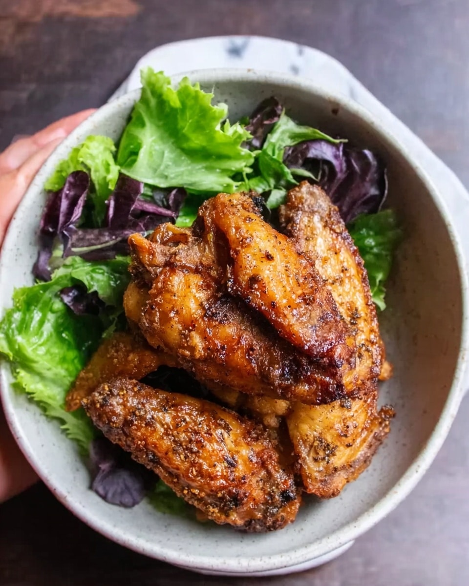 A white bowl holds three cooked chicken wings stacked on top of each other, showing a golden brown crispy skin with textured seasoning. On the left side inside the bowl is a small mix of fresh lettuce leaves, including bright green and some purple leaves, adding a fresh contrast. The bowl sits on a white marbled surface, and a woman's hand is partially visible holding the bowl from above. photo taken with an iphone --ar 4:5 --v 7