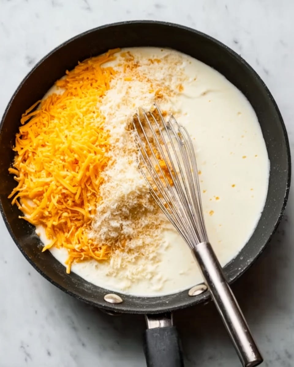 A black pan on a white marbled surface holds a creamy white sauce base with a layer of soft, shredded bright orange cheese on the left side and a smaller pile of finely grated white cheese on top of it. A silver whisk sits in the middle of the pan, partially covered with the cheese and sauce mixture, blending the layers together. The colors contrast clearly between the creamy white sauce, vibrant orange cheese, and pale grated cheese. Photo taken with an iphone --ar 4:5 --v 7