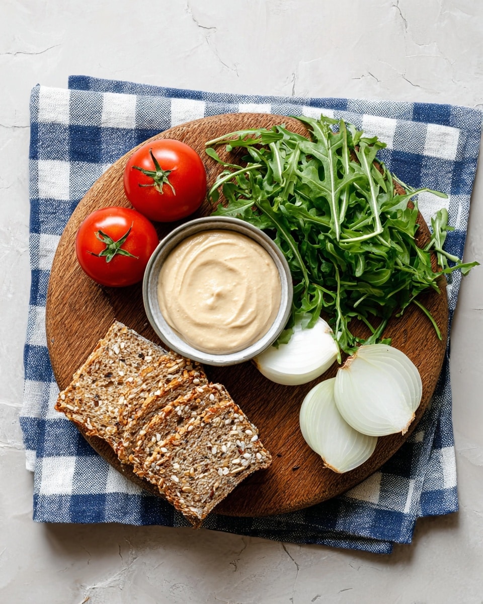 A round wooden board sits on a blue and white checkered cloth over a white marbled surface. On the board, there are two whole red tomatoes on the upper left, a pile of fresh green arugula leaves in the upper right, and two halves of a white onion positioned at the lower right. In the center of the board is a small bowl filled with a smooth, light beige creamy dip. Three slices of multigrain bread with visible seeds and grains are placed overlapping each other on the lower left side of the board. Photo taken with an iphone --ar 4:5 --v 7