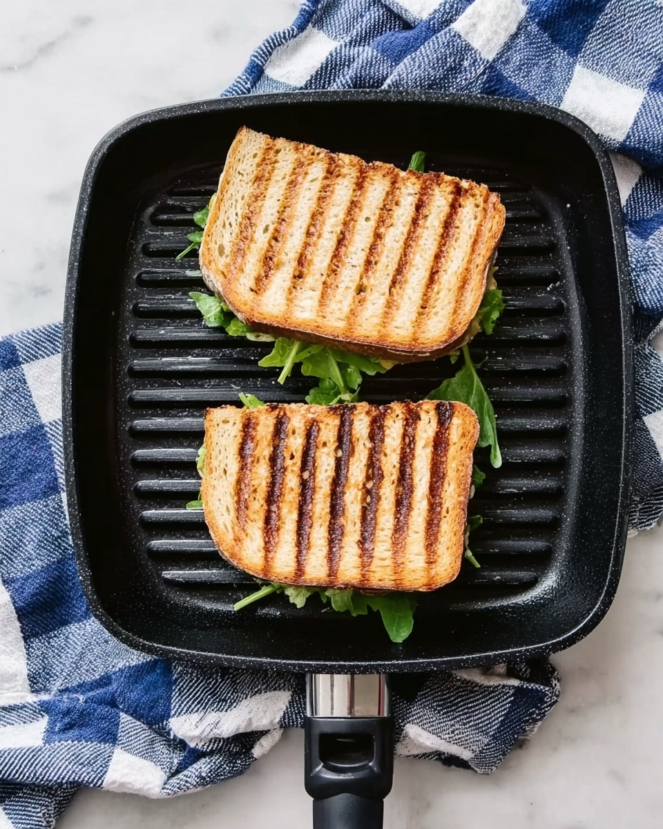 The image shows two toasted sandwich halves in a black grill pan with visible grill marks, arranged side by side. Each sandwich has a golden-brown crust with dark brown lines from the grill. Inside, green leafy vegetables peek out from the edges, adding a fresh touch. The pan sits on a white marbled surface draped with a blue and white checkered cloth underneath. Photo taken with an iphone --ar 4:5 --v 7