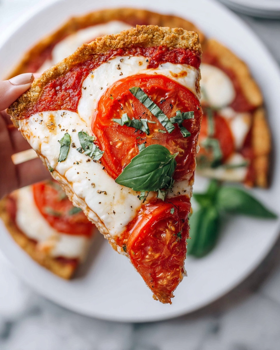 A slice of pizza is held above a whole pizza on a white plate, both resting on a white marbled surface. The pizza has four main layers: a thick golden-brown crust with a rough texture, a layer of red tomato sauce underneath, melted white cheese that stretches slightly, and a large red tomato slice topped with small fresh green basil leaves and a light sprinkle of black pepper. The pizza slice is being held by a woman's hand, angled toward the camera showing the layers clearly. Photo taken with an iphone --ar 4:5 --v 7