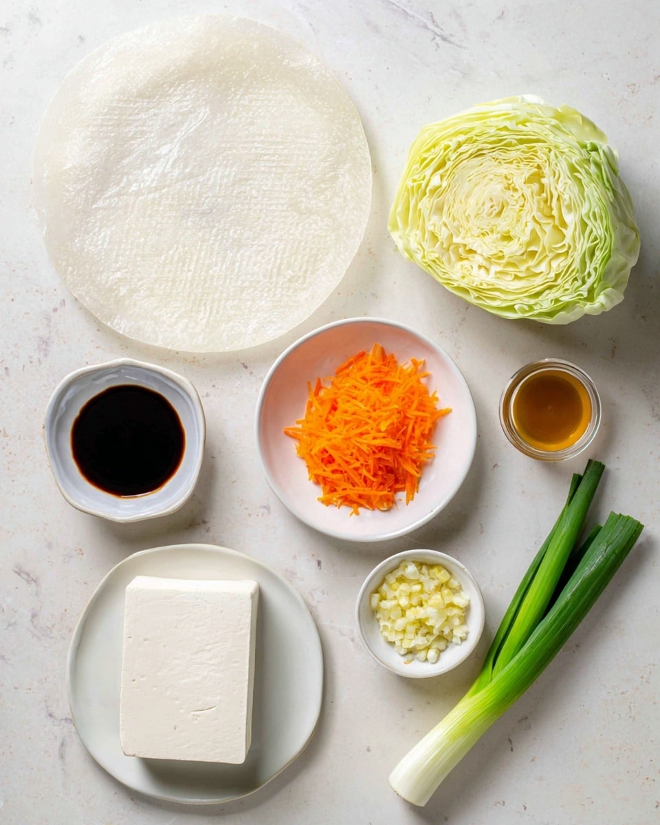 The image shows ingredients for cooking laid out on a white marbled surface: at the top right is a half head of light green cabbage with its layers clearly visible; next to it on the left is a large, thin, round, translucent rice paper wrapper that has a subtle woven texture; below the wrapper and cabbage, a white dish holds shredded bright orange carrots; near the bottom right, a white plate carries a large rectangle of smooth, white tofu; to the right of the tofu is a long, fresh green onion with a glossy surface; small white dishes hold finely chopped pale yellow garlic and a yellowish jarred ingredient, a dark brown soy sauce, and a light brown liquid; the layout is neat and simple, with each ingredient clearly separated. photo taken with an iphone --ar 4:5 --v 7