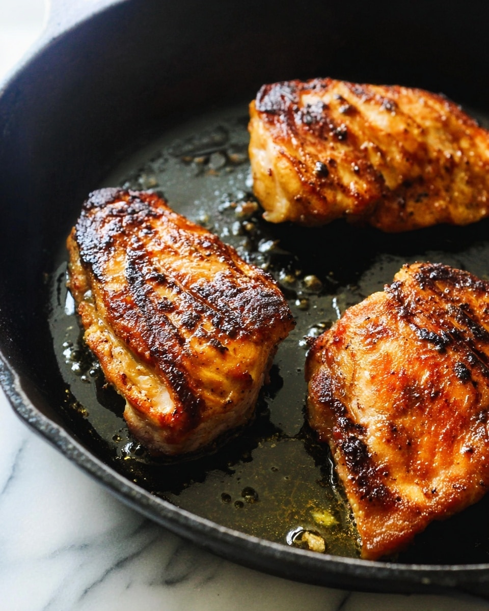 Three pieces of golden brown cooked chicken are shown in a black cast iron pan. Each piece has a crispy, slightly charred texture with visible grill marks and a glistening surface from cooking oil. The pan holds some oil drops around the chicken, giving a shiny effect. The background is a white marbled surface. photo taken with an iphone --ar 4:5 --v 7