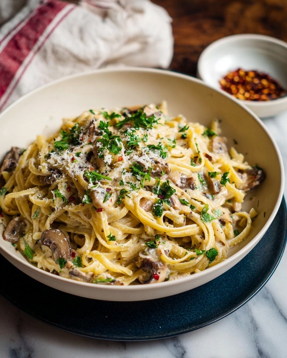 A white bowl filled with creamy pasta that has three main layers: at the bottom, light yellow long noodles, in the middle, light brown mushroom pieces and pale green vegetable bits mixed evenly, and on top, white grated cheese sprinkled with fresh green parsley. The bowl is set on a dark blue plate, all placed on a white marbled surface. In the background, slightly out of focus, there is a small white bowl with red chili flakes and a white cloth with red stripes lying beside the plate. The lighting highlights the creamy texture and colors of the dish. photo taken with an iphone --ar 4:5 --v 7