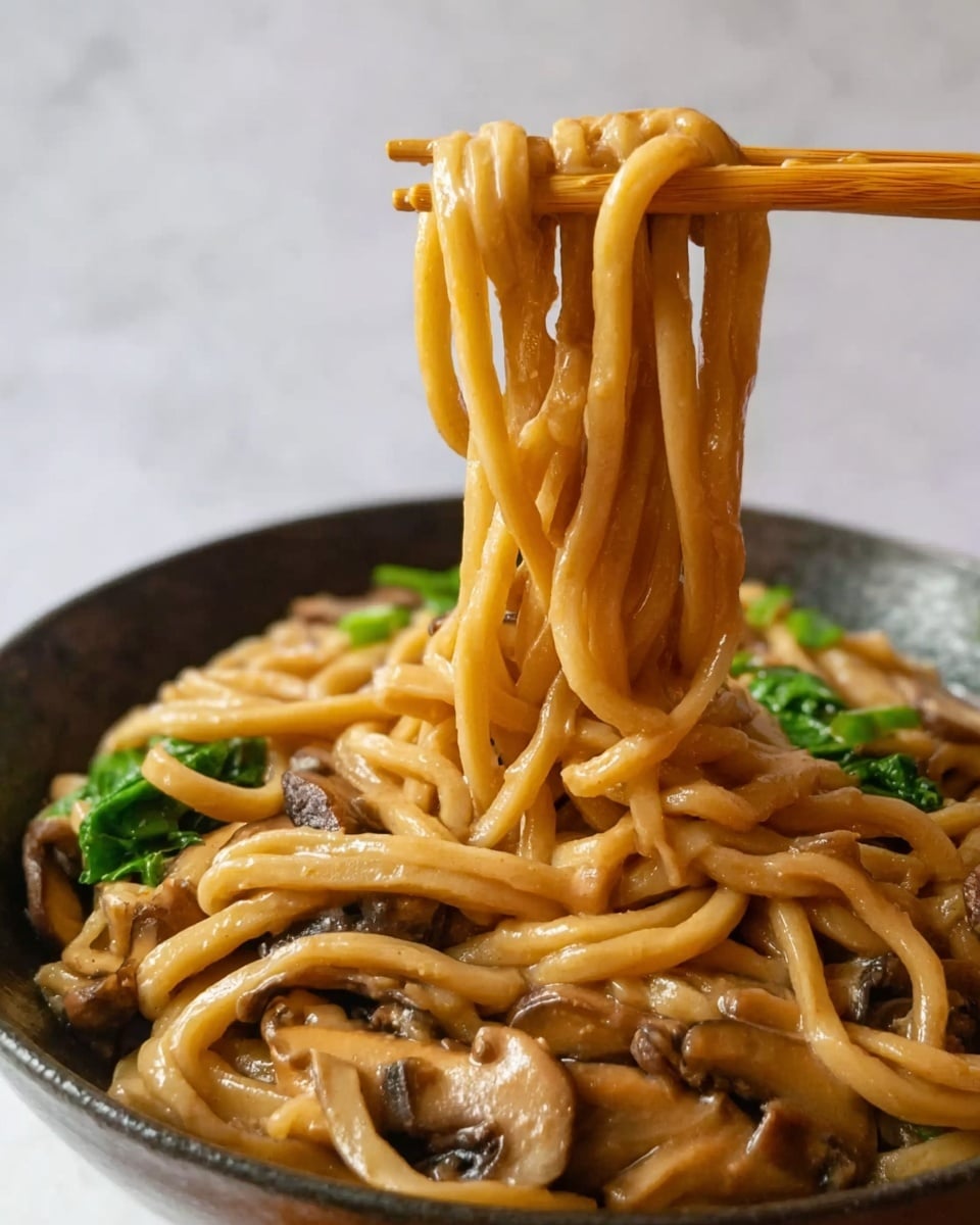 A close-up view of a dark bowl filled with thick, shiny udon noodles coated in a light brown sauce. The noodles are lifted by a pair of wooden chopsticks held by a woman's hand, showing their smooth, slippery texture. Underneath the noodles, there are light brown mushroom slices and some bright green leafy vegetables adding color contrast. The background is a white marbled surface, keeping the focus on the bowl and the lifted noodles. Photo taken with an iphone --ar 4:5 --v 7