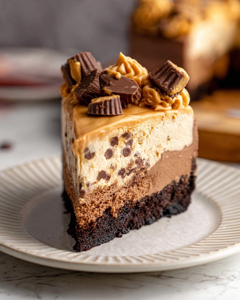 A slice of creamy cake sits on a white plate with a textured rim. The cake has three layers: a rich dark chocolate base, a thick middle layer of lighter chocolate mousse with small bits inside, and a top layer of smooth peanut butter frosting in a caramel color. Chocolate chips and small pieces of peanut butter cups are scattered on top of the frosting. In the background, another slice of the same cake is slightly out of focus. The plate is on a white marbled surface. Photo taken with an iphone --ar 4:5 --v 7