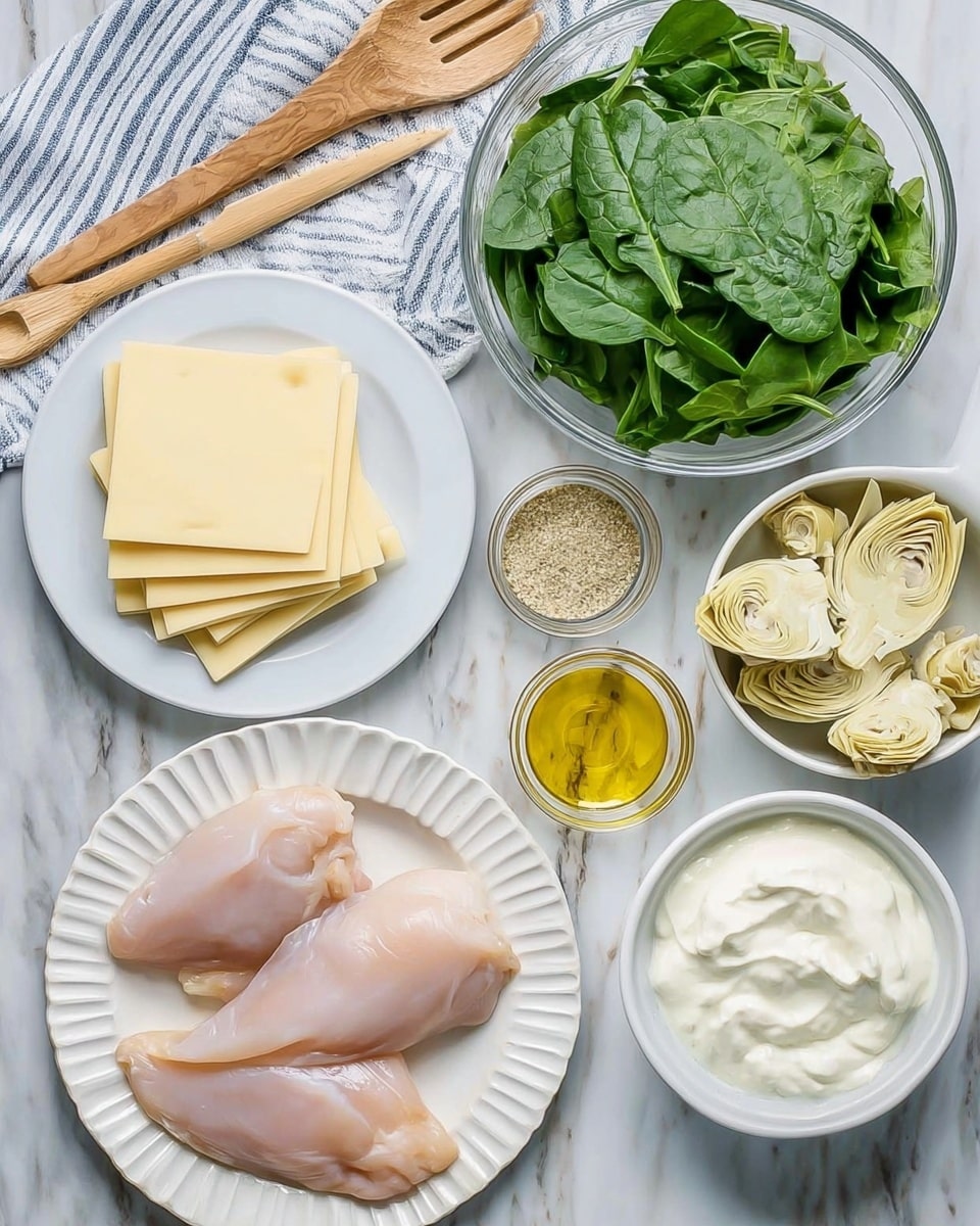 The image shows ingredients for a meal arranged on a white marbled surface. On the bottom right, there is a white ridged plate with three raw chicken pieces, light pink in color and smooth in texture. To the left, on a white scalloped plate, there are six square slices of pale yellow cheese stacked neatly. Above that, a clear round glass bowl filled with fresh dark green spinach leaves is placed. Next to the spinach, there is a white round bowl with pale yellow artichoke hearts. Above the artichokes, a small clear bowl contains a dollop of yellow mustard and a small amount of finely ground beige powder. To the right of that, a white bowl filled with thick white sour cream is seen. At the top left corner, part of a wooden salad spoon and fork is resting on a folded white and blue striped cloth. Photo taken with an iphone --ar 4:5 --v 7