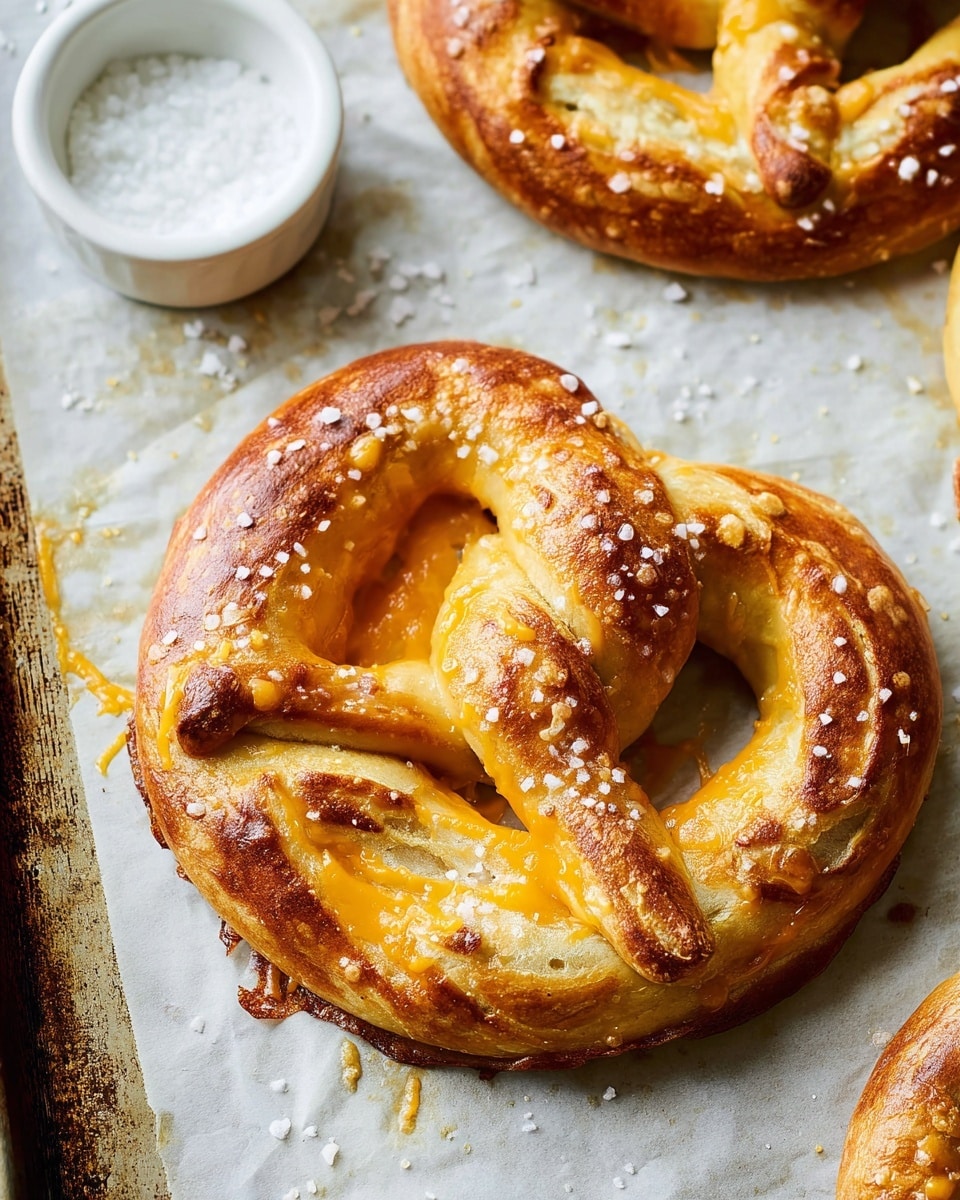 The image shows a close-up of a freshly baked soft pretzel on a baking tray lined with parchment paper. The pretzel has one thick golden-brown twisted layer with a slightly darker crust on the edges and some parts on top with a light and airy texture inside. Coarse salt crystals are scattered evenly on the surface, adding texture. Around the pretzel, small pockets of melted cheese with a light orange color have oozed out during baking, creating crispy edges on the parchment. In the background, there is a small white bowl filled with coarse salt and a second pretzel partly visible on the white marbled texture. Photo taken with an iphone --ar 4:5 --v 7