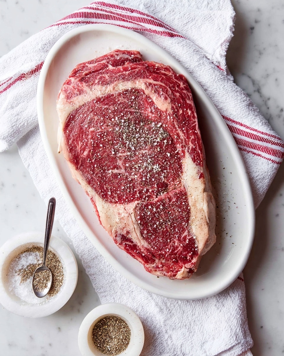 A large raw red steak with white fat edges is placed on a white oval plate that sits on a white towel with red stripes. The steak is sprinkled with coarse white salt and ground black pepper, creating a speckled texture on its surface. Next to the plate, there are two small round white stone containers, one with ground pepper in a spoon and the other empty, all on a white marbled background. The scene is bright and clean, showing the natural color and texture of the meat clearly photo taken with an iphone --ar 4:5 --v 7