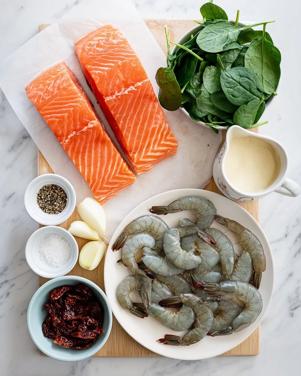 The image shows two thick, bright orange salmon fillets with white lines across the top left on white paper. Below and left to the salmon is a small pile of fresh green spinach leaves with clear veins and soft texture. To the bottom right of the spinach, there is a white plate filled with eight whole raw shrimps, grayish with a slight shine and visible legs and antennae. Above and right to the shrimps, three small white bowls hold ingredients: one with dark coarse ground pepper, one with white coarse salt, and one with a light creamy sauce in a small white pitcher. In the center, two halves of a pale yellow onion cut side up sit next to three beige garlic cloves with papery skins. A small white bowl at the bottom left holds moist, dark reddish sun-dried tomatoes. All ingredients are on a white chopping board placed on a white marbled surface. photo taken with an iphone --ar 4:5 --v 7
