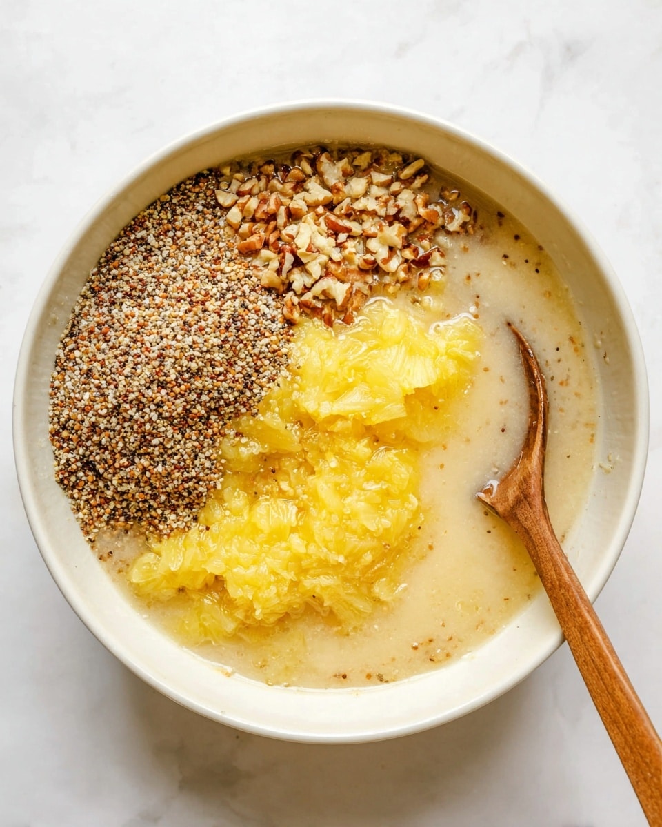 A white bowl sits on a white marbled surface, filled with several ingredients before mixing. There is a layer of finely chopped nuts in light brown and darker brown shades on one side. Next to it is a bright yellow, chunky mashed layer that looks like crushed pineapple. Around these two main layers is a creamy, pale beige liquid that partially covers the bottom of the bowl. A wooden spoon with a natural wood grain pattern rests inside the bowl on the right side, partly dipped in the liquid. The scene looks bright and fresh, showing a preparation step for a dish. photo taken with an iphone --ar 4:5 --v 7