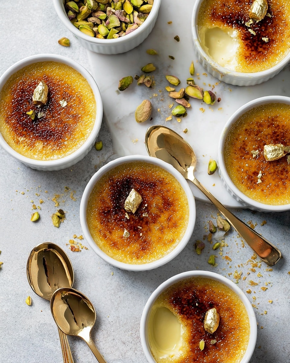 Five white ramekins hold crème brûlée with a golden brown, slightly textured caramelized sugar top, each topped with a small piece of gold leaf. One ramekin is partly eaten, showing a creamy pale yellow custard layer beneath the crisp top. They sit on a white marbled surface with scattered pistachio shells and whole pistachios around. Four shiny gold spoons rest near the ramekins, adding a reflective detail. The overall look is clean and elegant with soft natural light. photo taken with an iphone --ar 4:5 --v 7