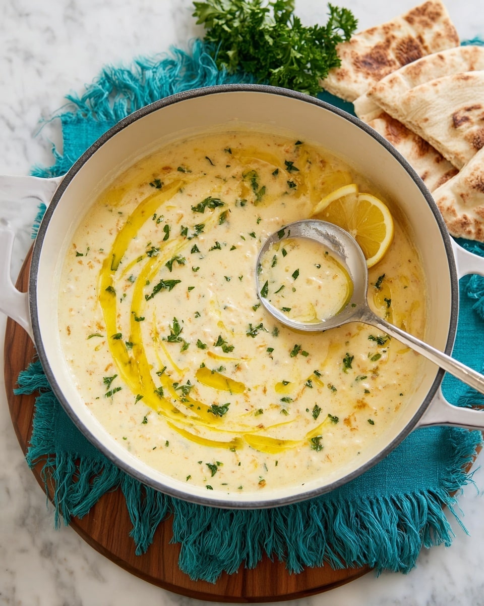 A large white pot filled with a thick, creamy yellowish soup with visible small pieces mixed throughout, topped with small green herb pieces and two thin lemon slices on the right side near the center, and drizzled with a swirl of yellow oil. A silver ladle is partially dipped into the soup, with its handle resting on the edge of the pot. The pot sits on a teal cloth with fringed edges that is on top of a round wooden board, all placed on a white marbled surface. In the background to the right, there are three pieces of folded pita bread, and to the left, some fresh green parsley. Photo taken with an iphone --ar 4:5 --v 7