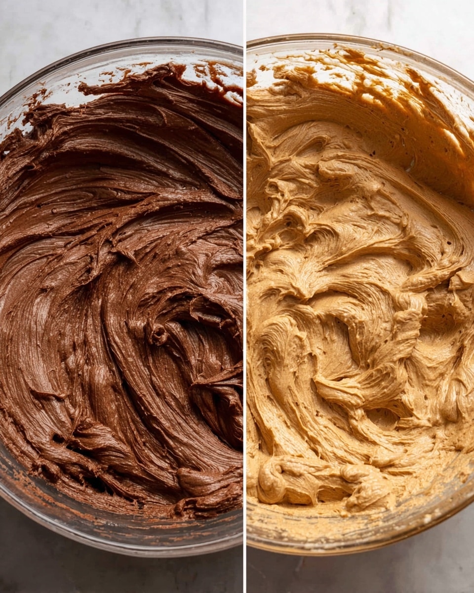 The image shows two glass bowls side by side on a white marbled surface, each filled with a thick, creamy mixture. The bowl on the left holds a dark brown chocolate batter with a smooth, swirled texture that looks rich and thick. The bowl on the right contains a lighter, tan-colored mixture with a fluffy, whipped texture and swirled patterns visible throughout. Both bowls have some residue of the mixtures on the sides, giving a sense of fresh preparation. photo taken with an iphone --ar 4:5 --v 7