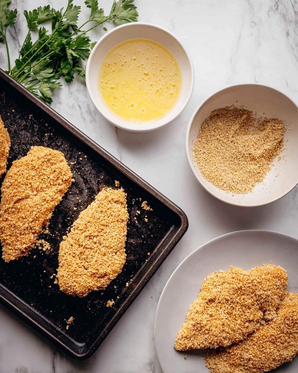 The image shows three breaded pieces of meat placed on a dark baking tray, each piece covered with a rough, golden-brown crumb coating with visible coarse texture from the crumbs. To the left, a white bowl contains a yellow, foamy, liquid mixture with some bubbles. Below it, a white plate is partially filled with the same crumb mixture, and one piece of meat is being coated by it. The setup is on a white marbled surface with some scattered green parsley leaves around, giving a fresh touch, and a woman's hand is not visible but implied in the breading action. photo taken with an iphone --ar 4:5 --v 7
