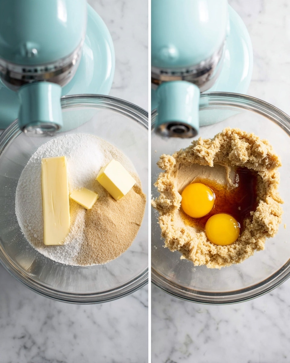 The image shows two side-by-side views of a clear glass bowl on a white marbled surface under a light blue KitchenAid mixer. On the left side, the bowl contains three layers: at the bottom is white granulated sugar, above it is light brown sugar, and on top are two pale yellow sticks of butter placed diagonally. On the right side, the contents are mixed into a rough light brown dough with two raw yellow eggs and a small pool of dark brown vanilla extract sitting on top. The photo taken with an iphone --ar 4:5 --v 7