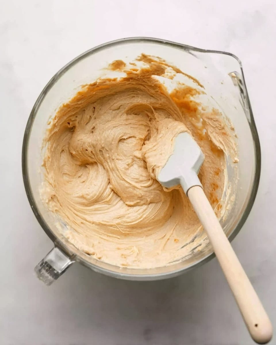 A clear glass mixing bowl sits on a white marbled surface, filled with a thick, creamy mixture that is light beige in color with some orange spots mixed in. A wooden spatula with a white silicone head rests inside the bowl, partially covered with the thick batter, showing smooth and slightly textured swirls. The bowl has a small handle and a spout on its rim. photo taken with an iphone --ar 4:5 --v 7
